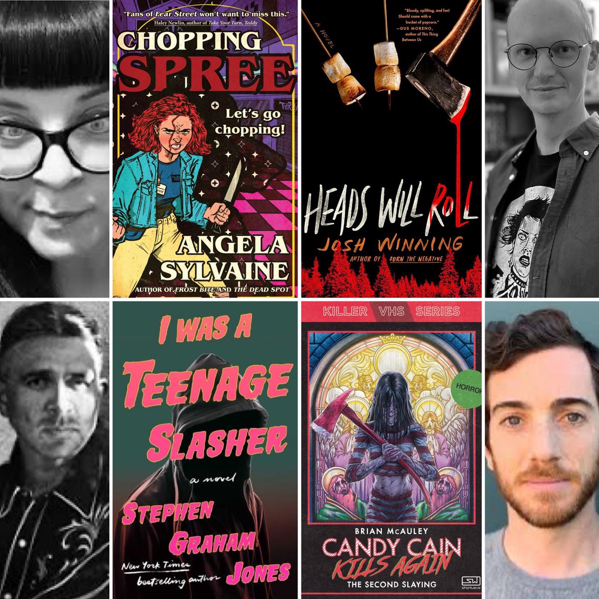 Friendly reminder next week Stephen Graham Jones (I Was A Teenage Slasher), Josh Winning (Heads Will Roll), Brian McAuley (Candy Cain Kills Again) &amp; Angela Sylvaine (Chopping Spree) will be on Fearmongers. Tues, Nov 26th at 7 PM/EST. Register via Zoom: bit.ly/4fPTSVq