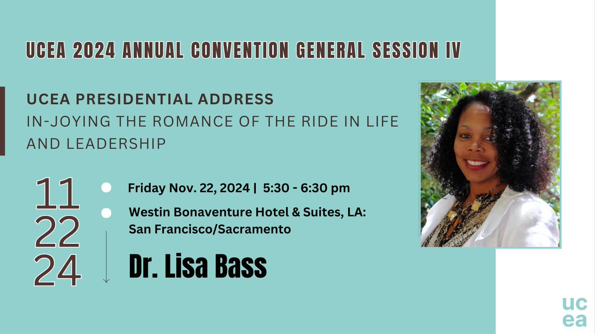 UCEA (@ucea) on Twitter photo UCEA Presidential Address Reminder
đź“… Nov 22, 5:30 - 6:30 PM
📍 Westin Hotel, LA: San Francisco/Sacramento
Join us as Dr. Lisa Bass delivers her inspiring presidential address, exploring the connection between joy, leadership, and hope.
<a href="/DrMoniByrne/">Mónica Byrne-Jiménez</a> <a href="/UCEAGSC/">UCEA GSC</a> <a href="/UCEAJSN/">Jackson Scholars Network</a> UCEA Presidential Address Reminder
đź“… Nov 22, 5:30 - 6:30 PM
📍 Westin Hotel, LA: San Francisco/Sacramento
Join us as Dr. Lisa Bass delivers her inspiring presidential address, exploring the connection between joy, leadership, and hope.
<a href="/DrMoniByrne/">Mónica Byrne-Jiménez</a> <a href="/UCEAGSC/">UCEA GSC</a> <a href="/UCEAJSN/">Jackson Scholars Network</a>