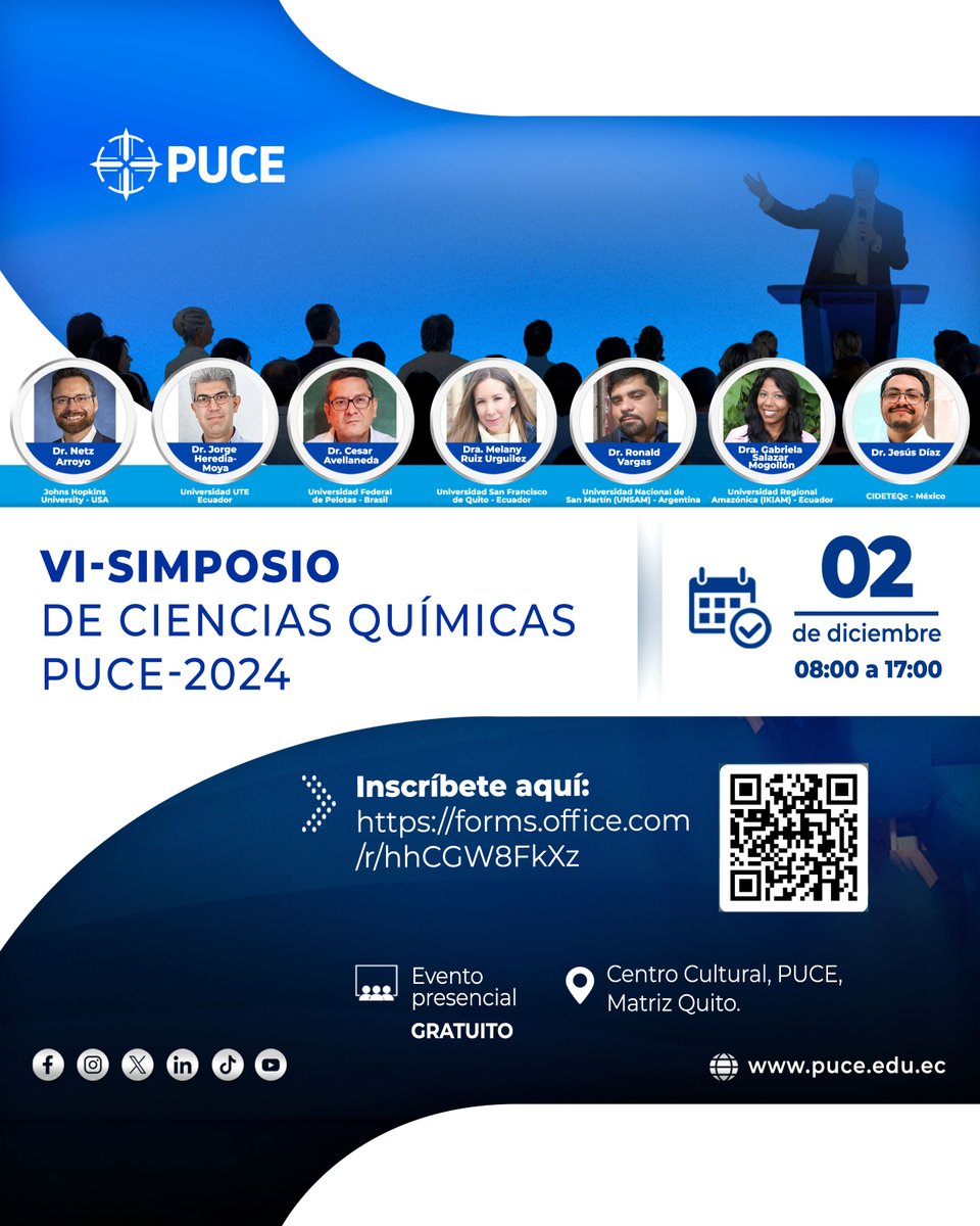 🔜 Te invitamos al VI-Simposio de Ciencias Químicas PUCE-2024. Un encuentro con expertos nacionales e internacionales.
📆 02 de diciembre 2024.
📍 PUCE Matriz Quito.
📲 Regístrate aquí: bit.ly/3V4pajf
¡Lideramos la investigación!
¡Somos educación que transforma!💙