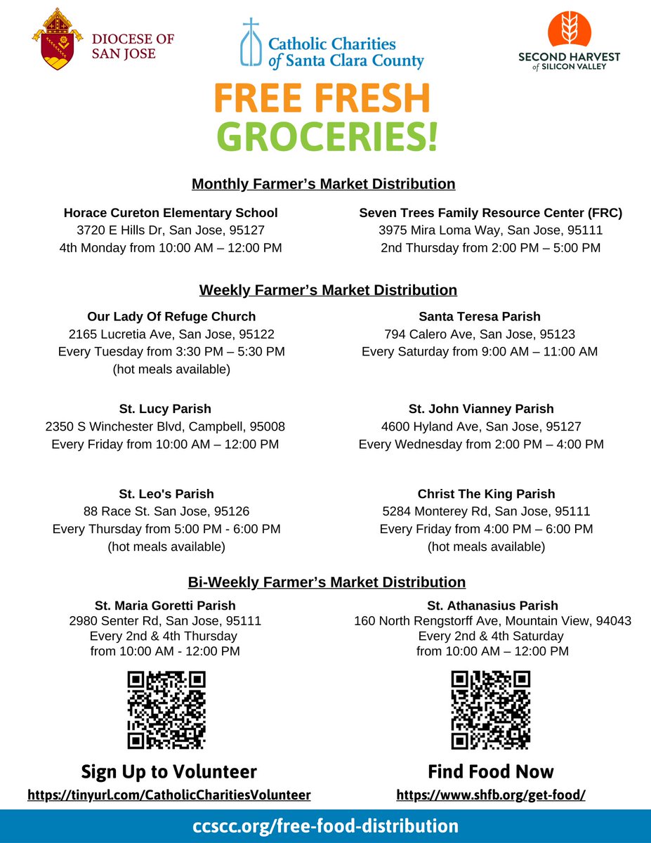 CatholicCharSCC's tweet photo. FREE FRESH GROCERIES!
Just bring your own bags or a cart to carry your groceries.
Weekly and Monthly Distributions
Groceries are available at various locations across the county.
For more info: https://t.co/5qAag5DMyJ
#freefood #freefooddistribution https://t.co/6PLPD7QIx8