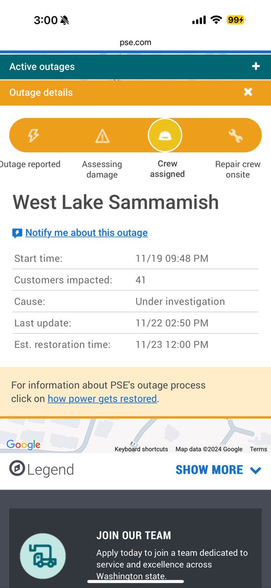 DeeBawse's tweet photo. @PSETalk West Lake Sammamish has a crew assigned for more than a day and still no one is showing up. Seems like PSE is  prioritizing the richer neighborhoods since Clyde Hill and Medina (and probably Mercer Island soon) are mostly up already. https://t.co/dfmT3IWQ4K