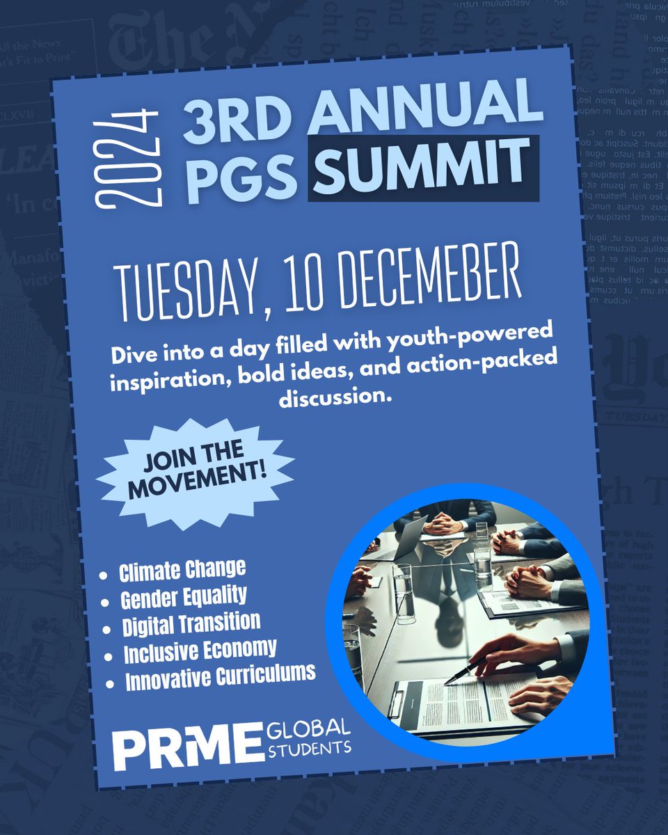 Join the 2024 PRME Global Students Summit and be part of a movement for a sustainable future! 🌍

📅 When: Tuesday, Dec. 10, 2024
💻 Where: Online (Zoom)

Explore bold ideas and discussions on climate change, gender equality and more.

Register now! bit.ly/4fXGu1w