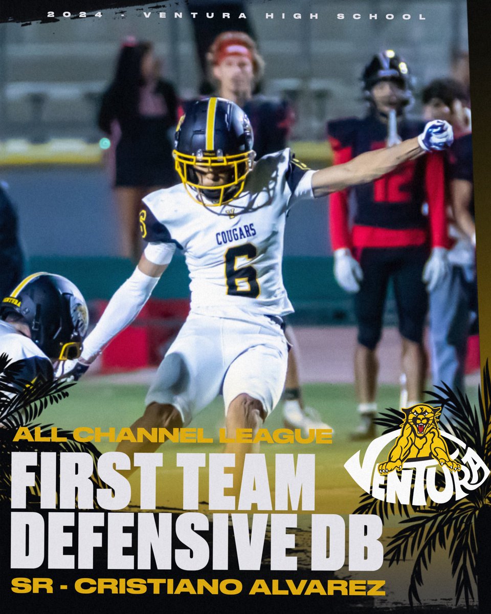 VHS Cougar Football (@venturafootball) on Twitter photo Congratulations to <a href="/crisalvarezz17/">Cristiano Alvarez</a> for being named All Channel League 1st Team Defensive Back!
<a href="/vcspreps/">VCS Preps</a> <a href="/vcsjoecurley/">Joe Curley</a> <a href="/VCSDominic/">Dominic Massimino</a> <a href="/DerryEads/">Derry Eads</a> <a href="/CoachTimGarcia/">Tim Garcia</a> <a href="/TheAcornSports/">Acorn Sports</a> <a href="/Tarek_Fattal/">Tarek Fattal</a> <a href="/latsondheimer/">eric sondheimer</a> <a href="/vhscougars/">Ventura High School</a> <a href="/vhs_cougars/">VHS Cougar Athletics</a> <a href="/boostersvhsfb/">VHS Football Boosters</a> <a href="/805HSFB/">805 High School Football</a> Congratulations to <a href="/crisalvarezz17/">Cristiano Alvarez</a> for being named All Channel League 1st Team Defensive Back!
<a href="/vcspreps/">VCS Preps</a> <a href="/vcsjoecurley/">Joe Curley</a> <a href="/VCSDominic/">Dominic Massimino</a> <a href="/DerryEads/">Derry Eads</a> <a href="/CoachTimGarcia/">Tim Garcia</a> <a href="/TheAcornSports/">Acorn Sports</a> <a href="/Tarek_Fattal/">Tarek Fattal</a> <a href="/latsondheimer/">eric sondheimer</a> <a href="/vhscougars/">Ventura High School</a> <a href="/vhs_cougars/">VHS Cougar Athletics</a> <a href="/boostersvhsfb/">VHS Football Boosters</a> <a href="/805HSFB/">805 High School Football</a>