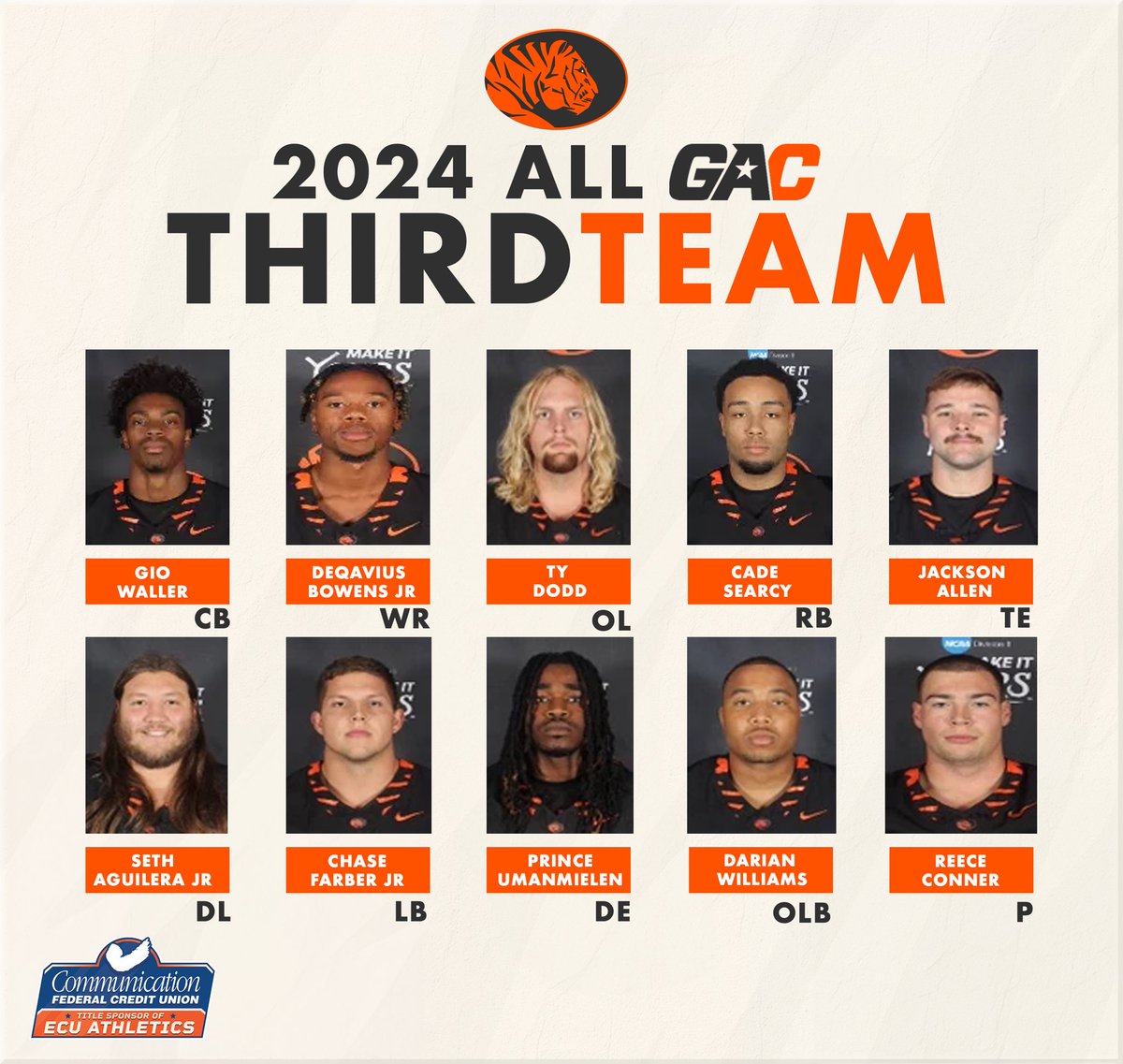 ECUTigersFB's tweet image. Our 2024 Tiger GAC All-Conference Selections❕
#BeTheStandard #AllConference