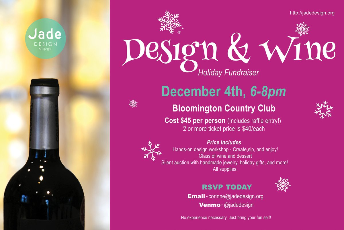 JadeDesign3's tweet image. Join us! Design &amp;amp; Wine, our 3rd Annual Fundraiser! 

📅 December 4th
⏰ 6-8pm
📍 Bloomington Country Club, Indiana
🎨 Hands-on design workshop – Create, sip, and enjoy!
🍷 Glass of wine &amp;amp; dessert included
🎁 Silent auction holiday gifts, raffle, and more!
instagram.com/jadedesignsoci…