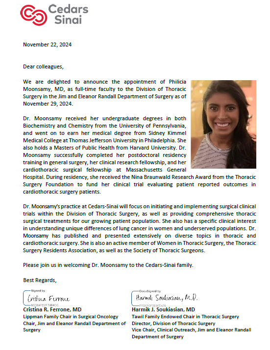Department of Surgery at Cedars-Sinai (@deptsurgerycs) on Twitter photo Join us welcoming our latest recruit to the Jim & Eleanor Randall Department of Surgery, Dr. Philicia Moonsamy <a href="/philmoonsamy/">Philicia Moonsamy, MD MPH</a>!
<a href="/CFerroneMD/">Cristina Ferrone</a> <a href="/soukiasianmd/">Harmik J. Soukiasian, MD, FACS</a> Join us welcoming our latest recruit to the Jim & Eleanor Randall Department of Surgery, Dr. Philicia Moonsamy <a href="/philmoonsamy/">Philicia Moonsamy, MD MPH</a>!
<a href="/CFerroneMD/">Cristina Ferrone</a> <a href="/soukiasianmd/">Harmik J. Soukiasian, MD, FACS</a>