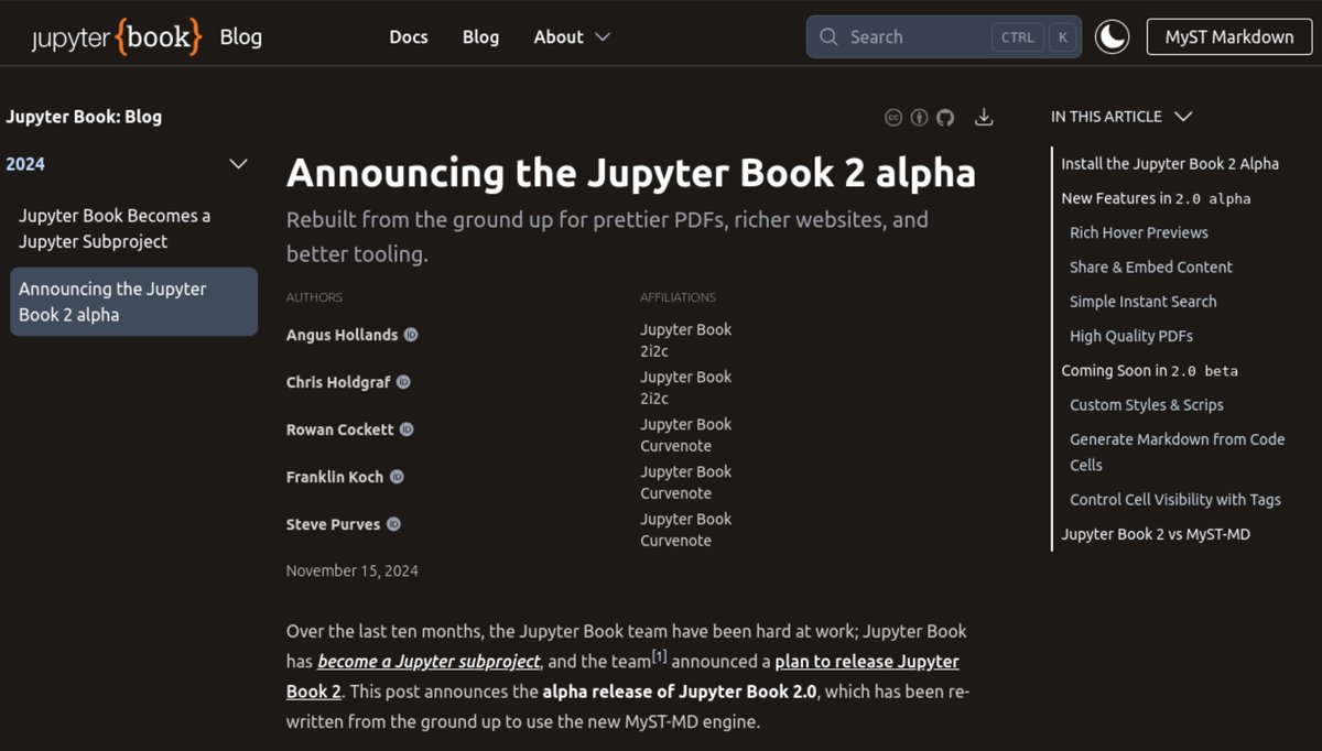 I'm super excited about Jupyter Book v2! blog.jupyterbook.org/posts/2024-11-… The Jupyter Book / Executable Books / MyST / Curvenote team are all incredible and doing some of the most interesting things in the publishing space at the moment. The people on this list are heroes of open source.