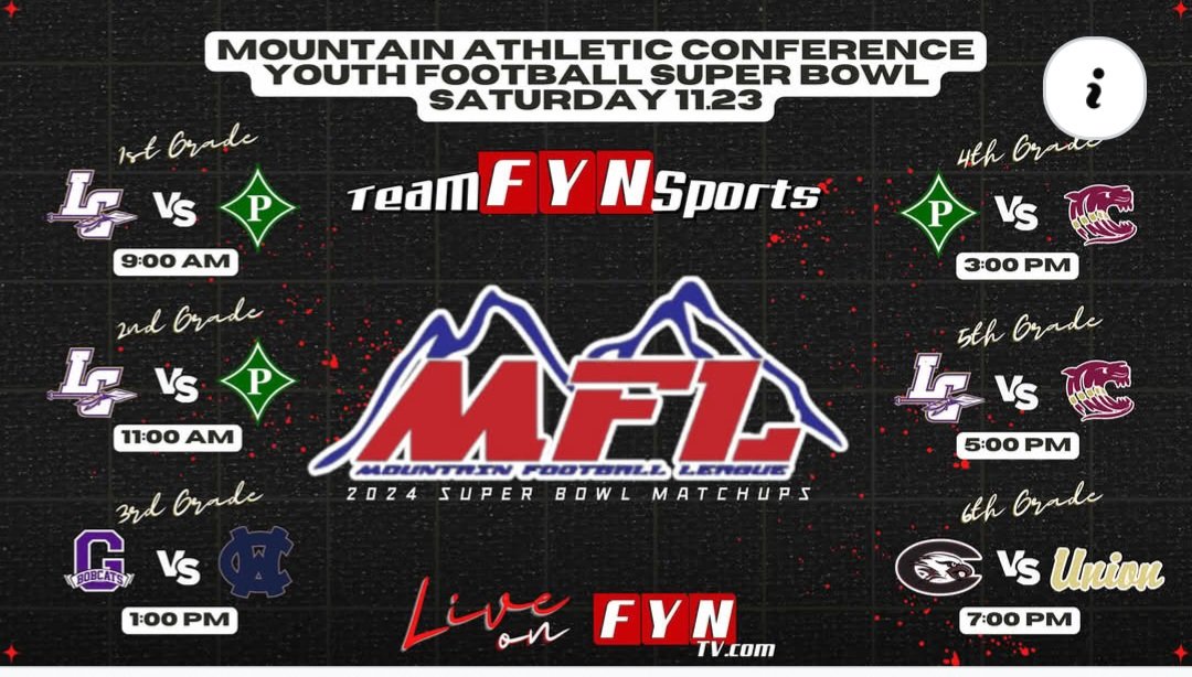 It's that time again! The Mountain Athletic Conference Super Bowl is this Saturday in Union County! All games will be live on FYNTV.com as Lumpkin and Pickens 1st Grade teams kick us off at 9:00am! #WATCH #FYNTV.com #Football