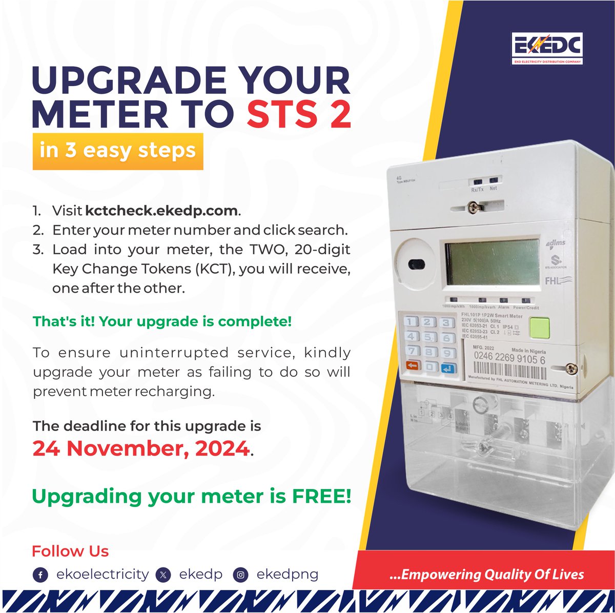 1 DAY TO GO....TIME IS TICKING!

The deadline for the STS 2 Meter Upgrade/TID Rollover is at hand. Ensure your meter is upgraded before 24 November, 2024 to avoid any disruption in our service.

To upgrade your meter, Swipe ➡️ for more details.

#STS2 #MeterUpgrade #EKEDC