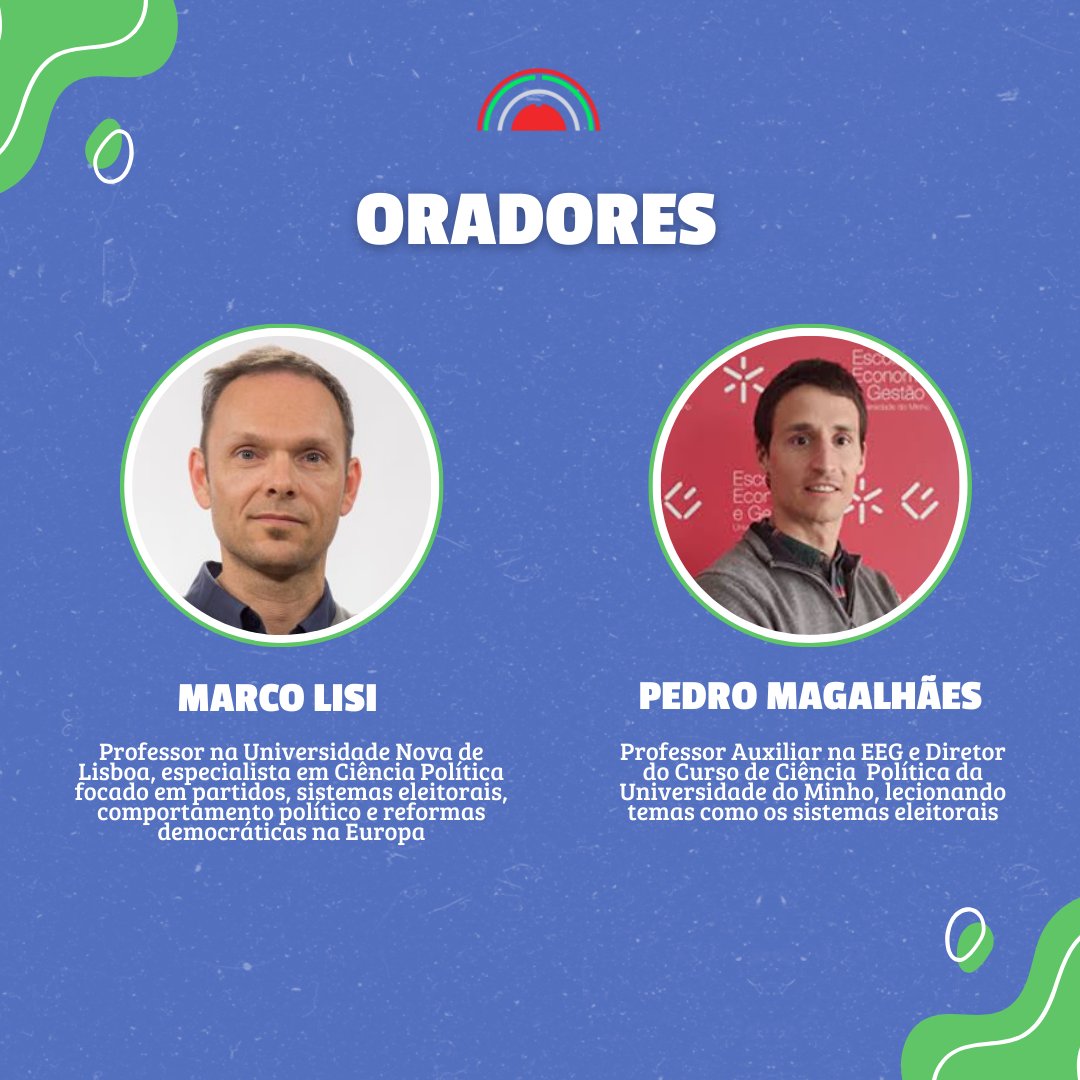 📣 O Núcleo de Estudantes de Ciência Política tem todo o prazer de anunciar uma Palestra sobre a Reforma do Sistema Eleitoral, para dia 25/11 às 15H30 no Auditório DST da EEG

👥Trazemos como oradores, Marco Lisi e o Professor Pedro Magalhães

Inscrevam-se através do Linktree!