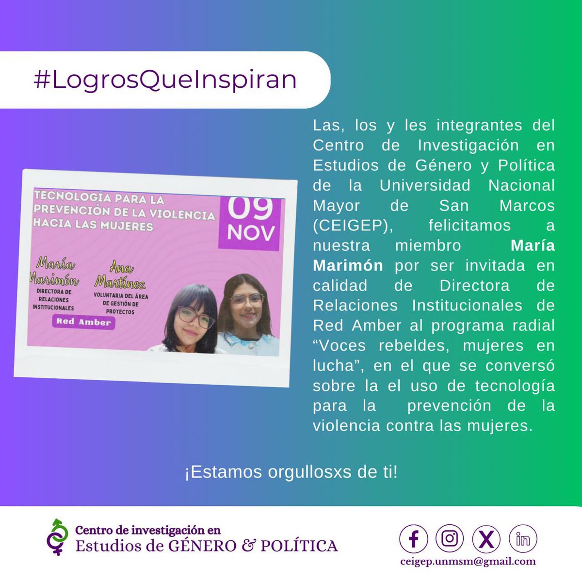 ceigep_unmsm's tweet photo. #LogrosQueInspiran

¡Felicitamos a nuestra miembro, María Marimón, por haber sido invitada en calidad de Directora de Relaciones Institucionales de Red Amber al programa radial “Voces rebeldes, mujeres en lucha”💚💜 https://t.co/SbLHgKXlJr