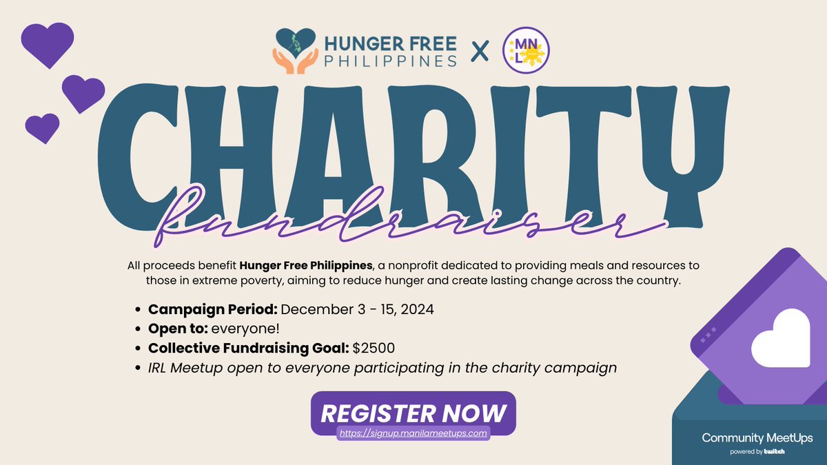 DECEMBER MEETUPS SIGNUPS ARE NOW LIVE 💜
 
We are doing a charity event with <a href="/HungerfreePhils/">Hunger Free Philippines</a> and <a href="/Twitch/">Twitch</a> #TogetherForGood to provide to those who can't afford food on a daily basis this holiday season.
 
Signup thru the links on our bio! 💡
#ManilaMeetUps #HungerFreePhilippines