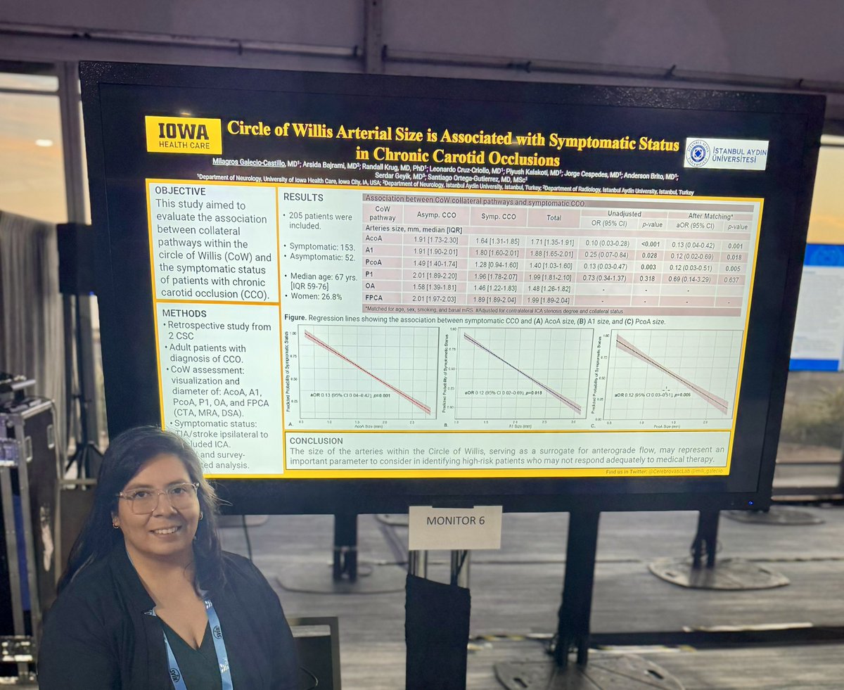 Cerebrovascular & Neurointerventional Lab (@cerebrovasclab) on Twitter photo Great collaborative work on Chronic Carotid Occlusion and the impact of CoW arteries’ size on symptomatic status! Presented by Dr. Galecio-Castillo at #svin2024
<a href="/mili_galecio/">Milagros Galecio-Castillo, MD</a> <a href="/ArsidaBajrami/">Arsida Bajrami</a> #SerdarGeyik #NeurologyIowa Great collaborative work on Chronic Carotid Occlusion and the impact of CoW arteries’ size on symptomatic status! Presented by Dr. Galecio-Castillo at #svin2024
<a href="/mili_galecio/">Milagros Galecio-Castillo, MD</a> <a href="/ArsidaBajrami/">Arsida Bajrami</a> #SerdarGeyik #NeurologyIowa