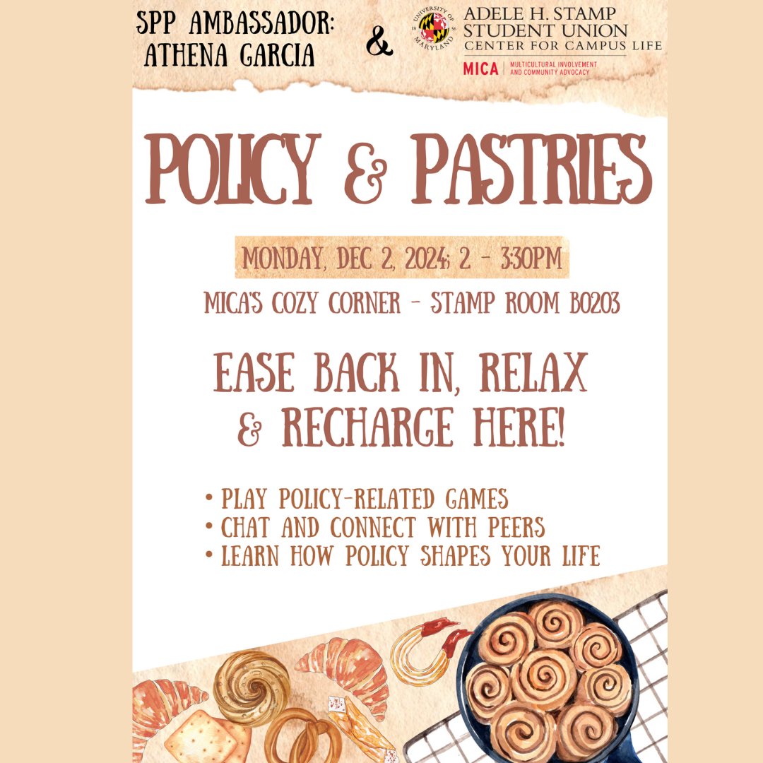 Mark your calendars for a fun and informative event to attend right after break! Join SPP Ambassador Athena Garcia to learn more about public policy, meet new people, and unwind!