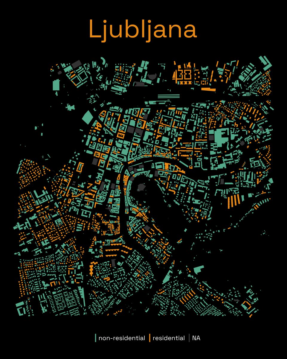 Day 22 of #30daymapchallenge: 2 colors.
Because it's always fun to map your hometown: residential &amp; non-residential buildings in Ljubljana, Slovenia.
Code: github.com/ivabrunec/30da…