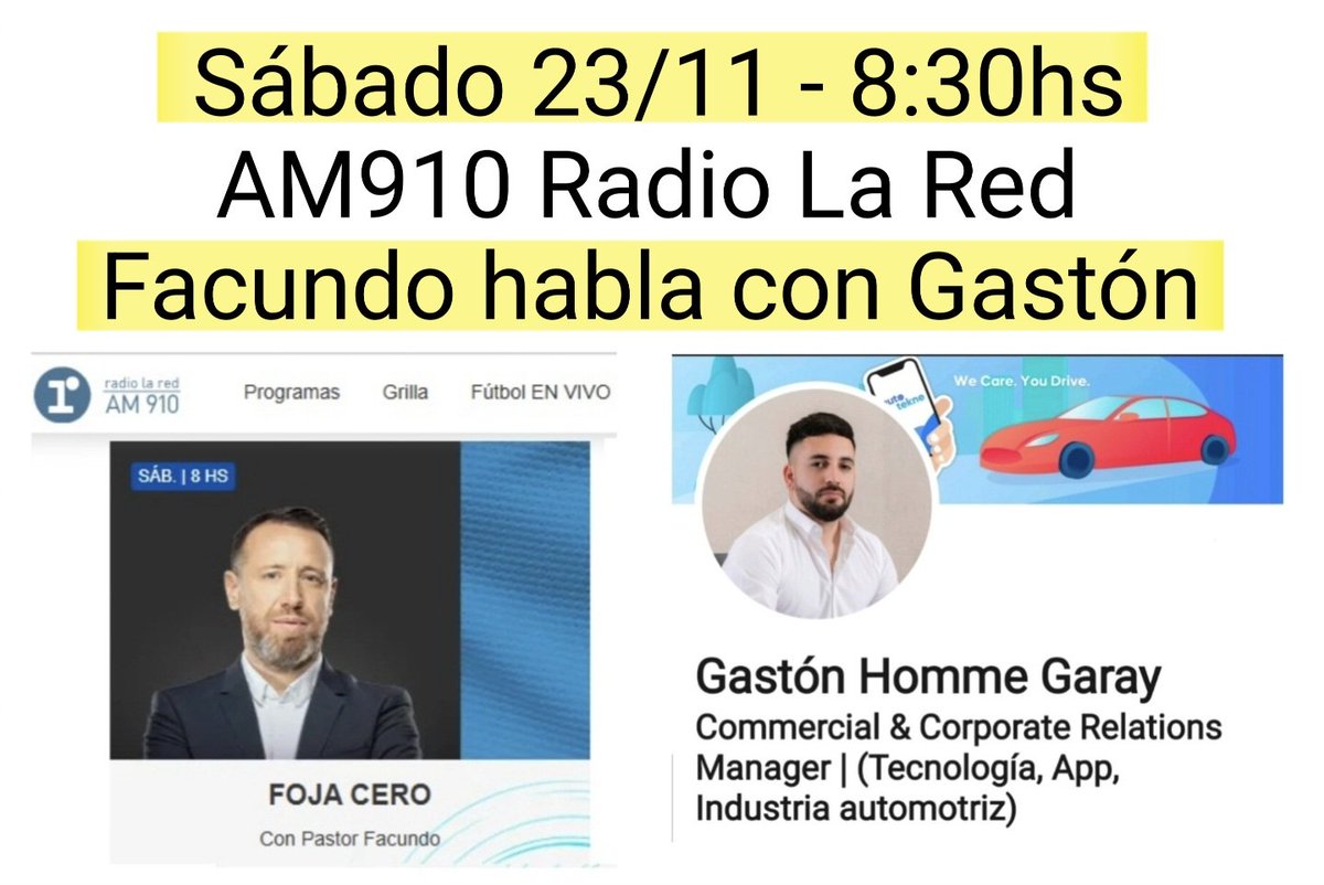 Quizás escuchaste hablar de <a href="/autotekne/">Autotekne</a> y de la #Revolución #NextGeneration en #servicios de posventa de 🚗 usados como si fueran 0km.
El #sábado 23/11 8:30hs preparate el mate y escucha a <a href="/facupastor/">Facundo Pastor</a> x <a href="/radiolared/">Radio La Red - AM 910 📻</a> y enterate.
Si sos #reventa de #usados tenés que escuchar 👇