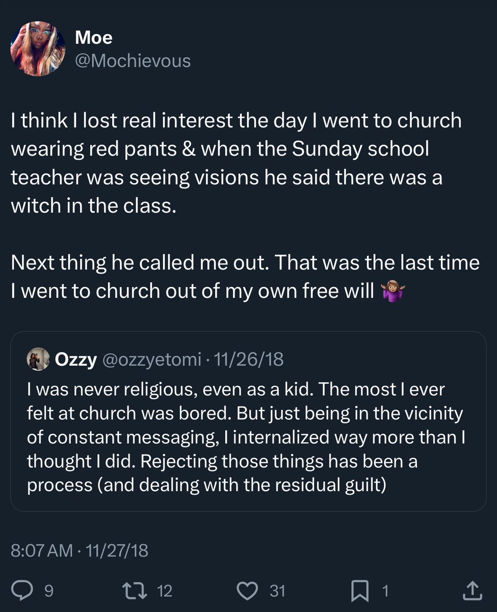 Mochievous's tweet photo. One children’s church I went to branded me a witch because i wore red pants to Sunday school. They called me out and did “delivery session”. I told my mom what happened when i got home, she tied her two wrapper firmly &amp; went back there  .. the rest is unprintable. https://t.co/2PQsoLrI4y