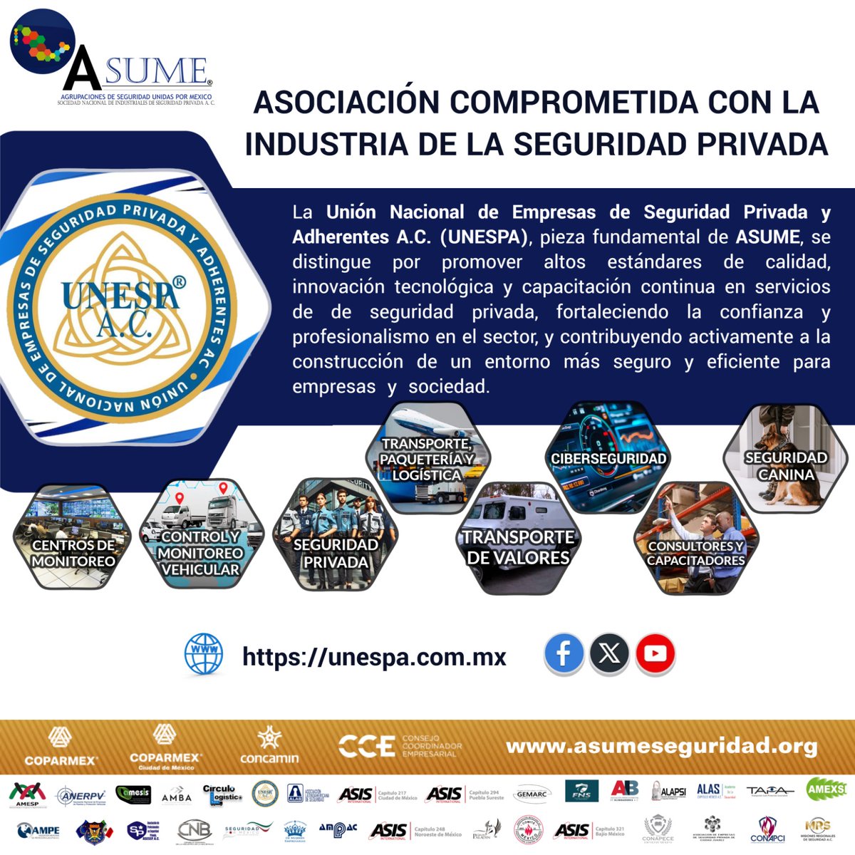 🔒 En #ASUME, nos sentimos orgullosos de contar con <a href="/PrivadaUnespa/">UNESPA-Seguridad Privada</a>, como uno de nuestros asociados destacados. Su labor es un pilar fundamental en nuestra misión de promover altos estándares de calidad, innovación tecnológica y capacitación continua en la seguridad privada.  

🧵