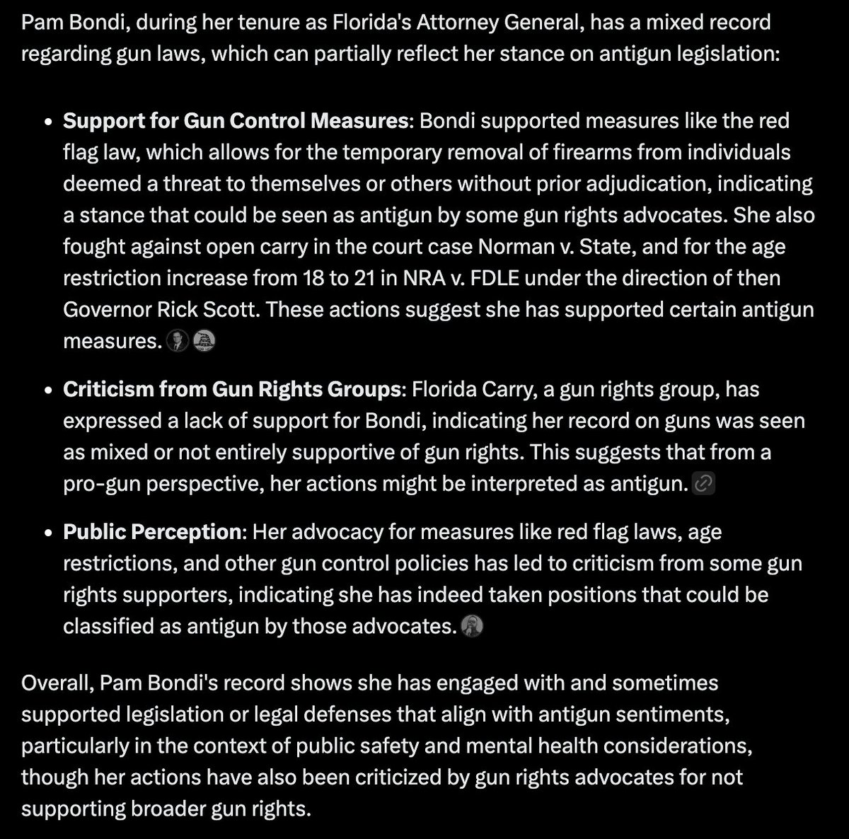 MAC_Arms's tweet photo. PAM BONDI is a HORRIBLE AG pick. She supports red flag laws, she supports banning 18-20 year olds from buying long guns, she supported the bump stock ban and she lobbied against Florida constitutional carry. SHE SUCKS. Absolutely do not support her. CONTACT YOUR SENATORS. https://t.co/yZHqw7r1qP