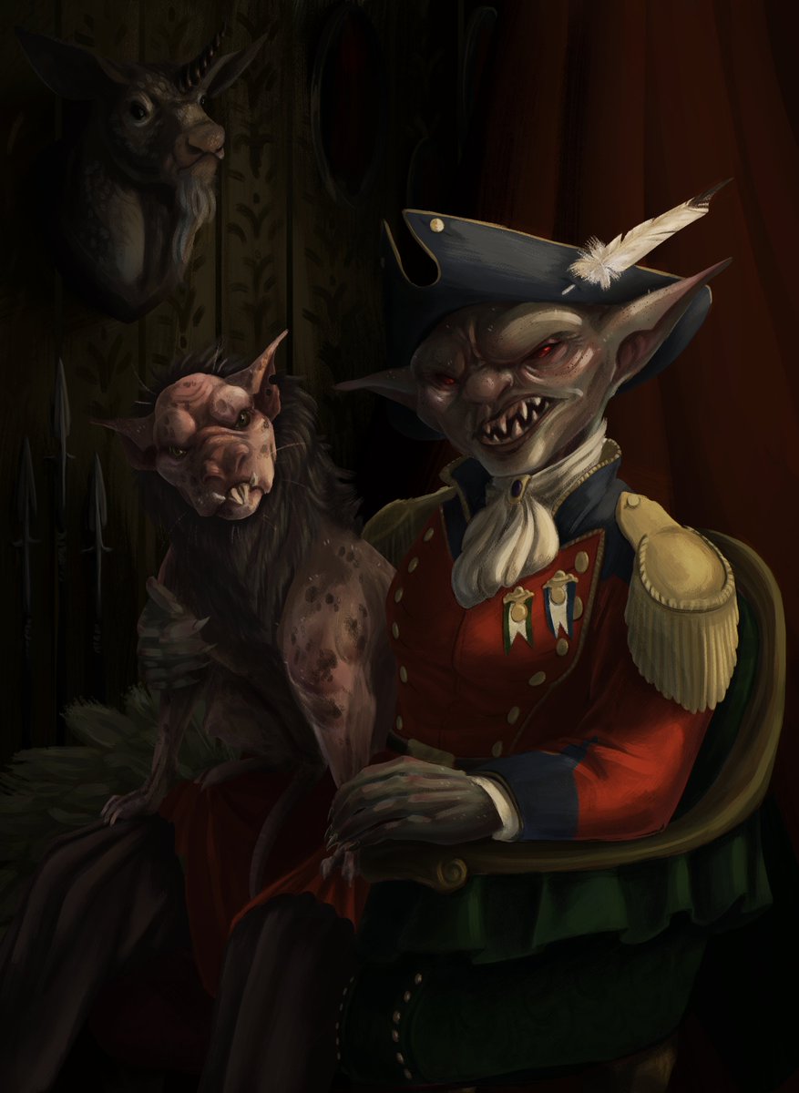 ForElissandra's tweet photo. Hilde and Flea (Photoshop, 2024)  A #Pathfinder 1e character concept! Hilde, the Hobgoblin Hunter, and her trusty (and scratchy) Goblin Dog, Flea. https://t.co/GlJFhD0O2Q