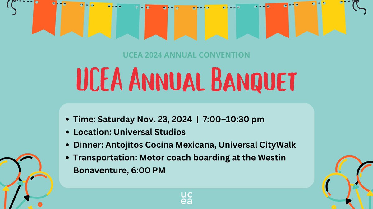 UCEA (@ucea) on Twitter photo Join us for an exclusive evening at Universal Studios, complete with a private tour, dinner, and entertainment. Transportation begins at 6 PM from the Westin Bonaventure. The banquet is a ticketed event. Please make sure you have purchased your ticket ahead. <a href="/DrMoniByrne/">Mónica Byrne-Jiménez</a> Join us for an exclusive evening at Universal Studios, complete with a private tour, dinner, and entertainment. Transportation begins at 6 PM from the Westin Bonaventure. The banquet is a ticketed event. Please make sure you have purchased your ticket ahead. <a href="/DrMoniByrne/">Mónica Byrne-Jiménez</a>