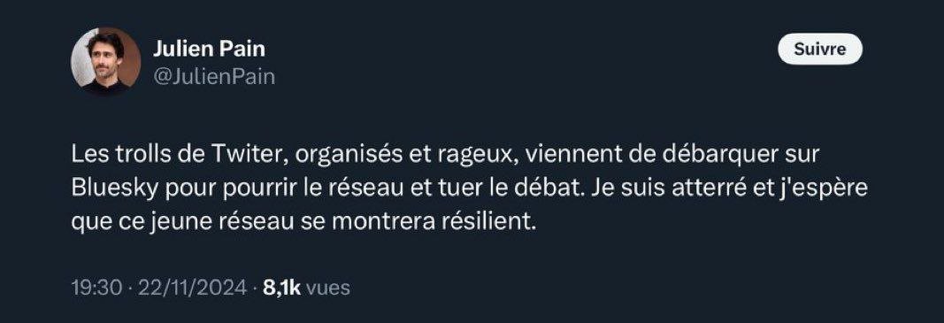 FrDesouche's tweet photo. A peine débarqué sur Bluesky, Julien Pain réclame déjà plus de censure.
C'est plus qu'une passion, c'est un mode de vie. https://t.co/sAz4Qt4sik