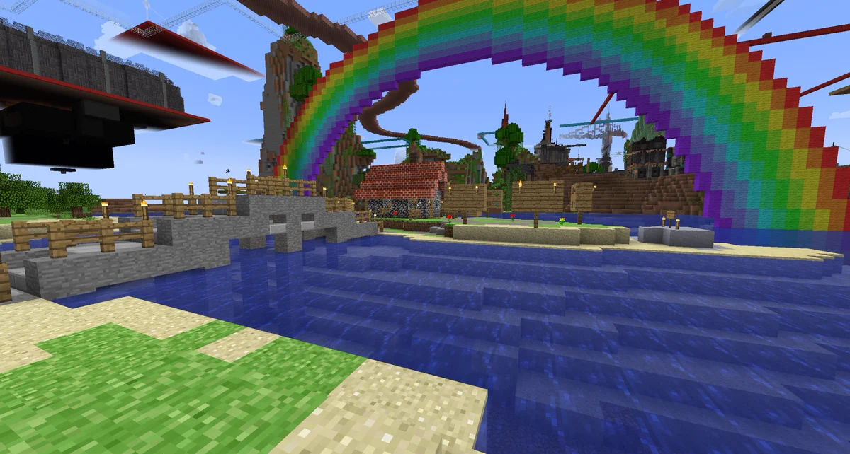 A screenshot of Minecraft depicting a cobblestone and brick house on a small island with a large rainbow in the background. the island is accessible by a simplistic stone bridge, and many signs are placed around it. Only blocks available in minecraft classic are used in this scene, and they have the texture and colour scheme from roughly this era of the game as well.