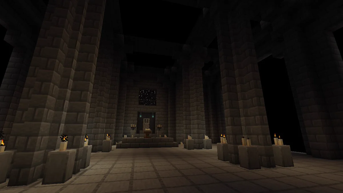 A screenshot of Minecraft depicting a dimly lit temple clad in grey bricks. Candles adorn pillars that arch up to struts along the roof. In the center of the image a platform with a lectern is visible, along with more candles and two candelabras. Behind it is an iron door, and above a square "window" of black blocks with glowing white "stars" in them is set into the wall.
