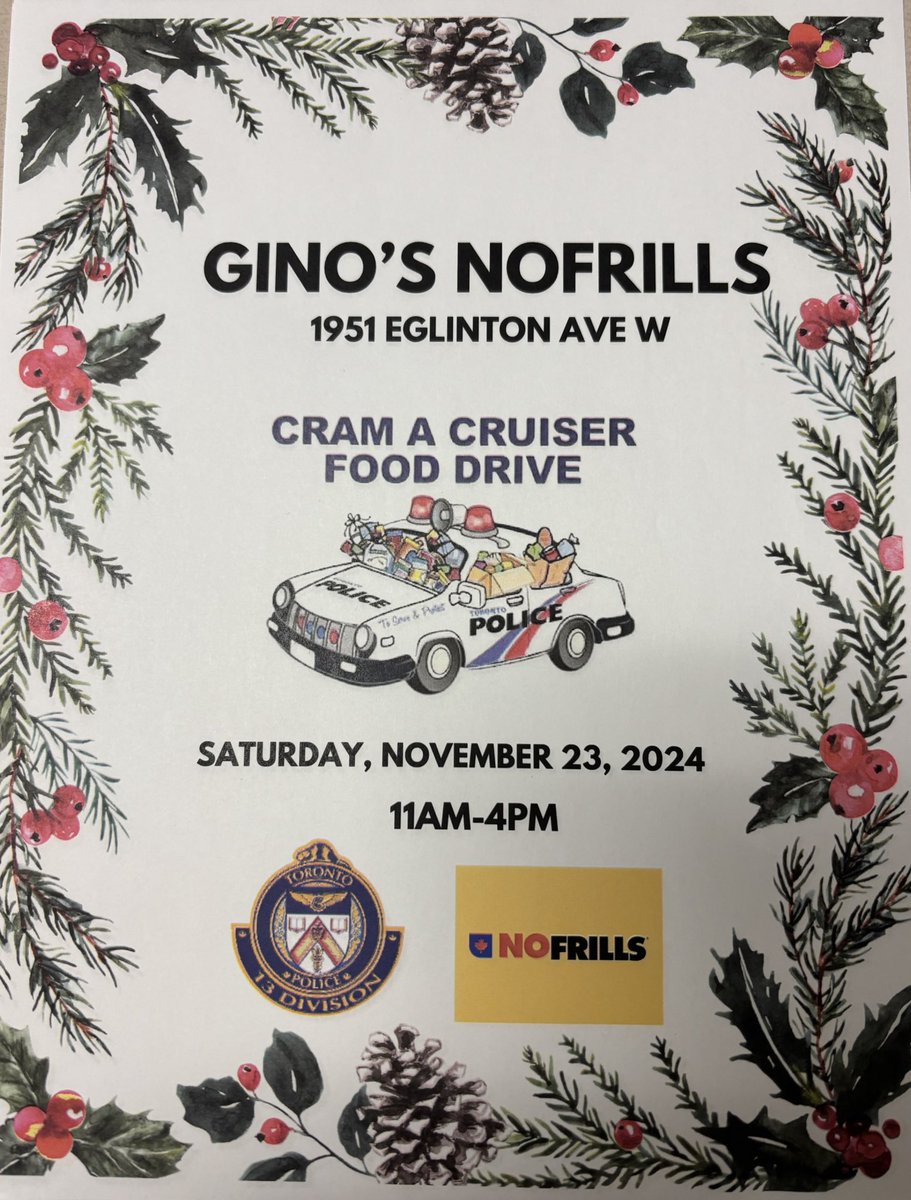 We are hosting a #CramACruiser food drive again tomorrow at Gino’s <a href="/nofrillsCA/">No Frills</a> If you’re able to, come by and donate, if not just come say Hi. #community #CommunityPolicing