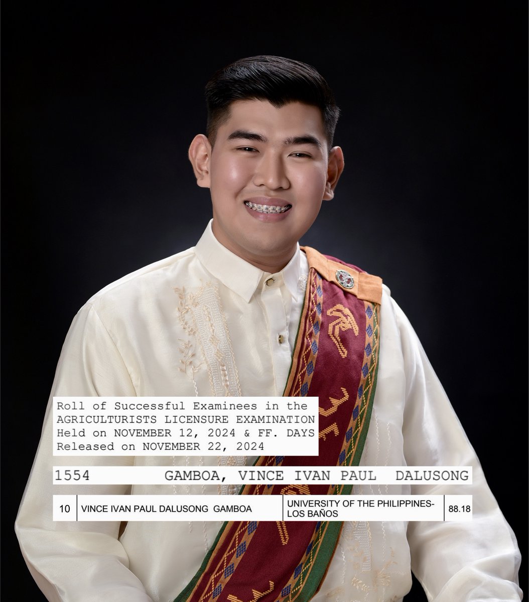 vipgamboa's tweet photo. 𝑽𝒊𝒏𝒄𝒆 𝑰𝒗𝒂𝒏 𝑷𝒂𝒖𝒍 𝑫. 𝑮𝒂𝒎𝒃𝒐𝒂, 𝑹. 𝑨𝒈𝒓. 
Registered Agriculturist 
Top 10, Agriculturist Licensure Examination

#UPLB100 https://t.co/oCh7DN71LD