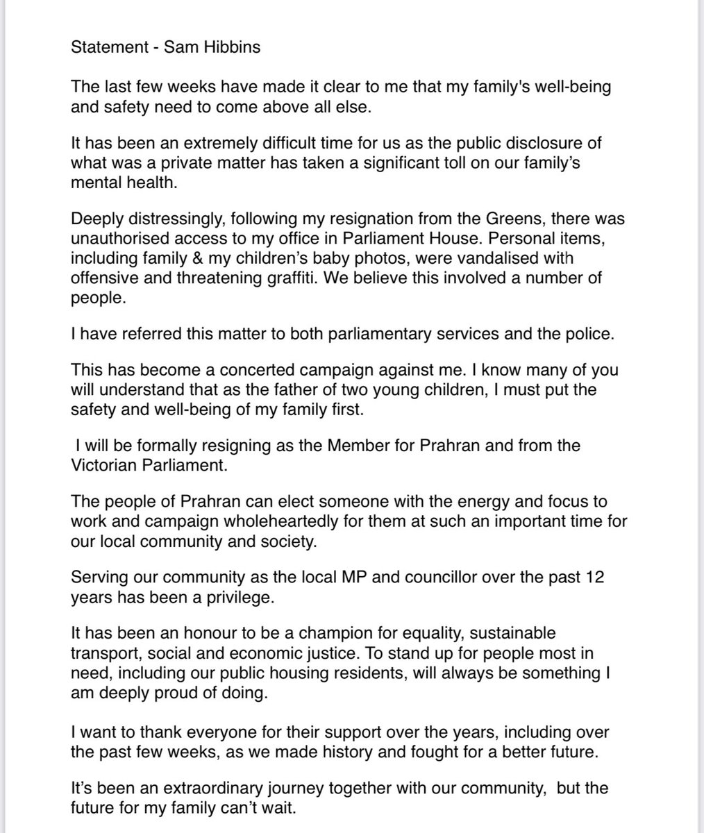 Greens MP Sam Hibbins is resigning as the Member for Prahran and from the Victorian Parliament #springst