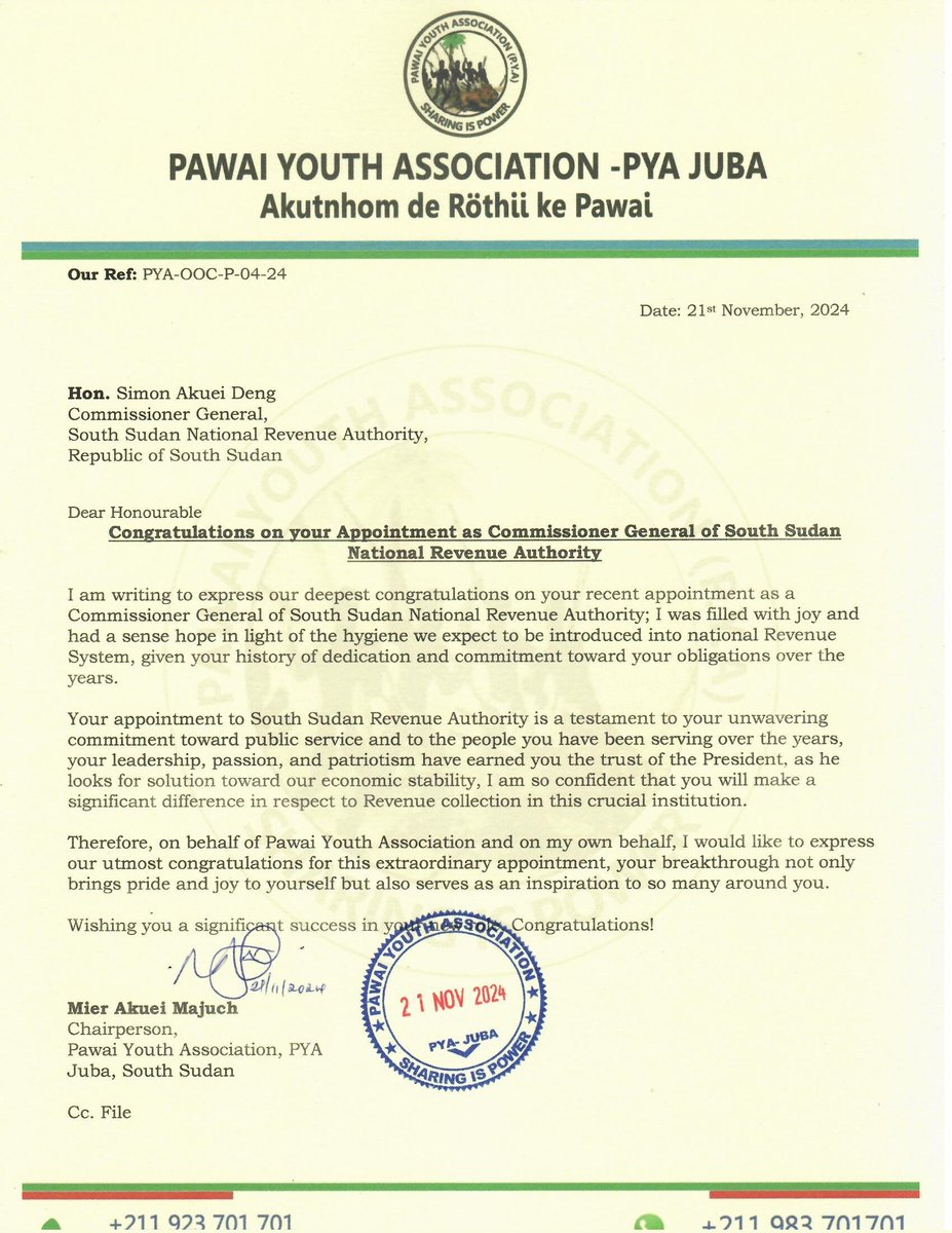 MierjacobJr's tweet photo. Dear Hon. Simon Akuei Deng 
𝗖𝗼𝗻𝗴𝗿𝗮𝘁𝘂𝗹𝗮𝘁𝗶𝗼𝗻𝘀 𝗼𝗻 𝘆𝗼𝘂𝗿 𝗔𝗽𝗽𝗼𝗶𝗻𝘁𝗺𝗲𝗻𝘁 𝗮𝘀 𝗖𝗼𝗺𝗺𝗶𝘀𝘀𝗶𝗼𝗻𝗲𝗿 𝗚𝗲𝗻𝗲𝗿𝗮𝗹 𝗼𝗳 𝗦𝗼𝘂𝘁𝗵 𝗦𝘂𝗱𝗮𝗻 𝗡𝗮𝘁𝗶𝗼𝗻𝗮𝗹 𝗥𝗲𝘃𝗲𝗻𝘂𝗲 𝗔𝘂𝘁𝗵𝗼𝗿𝗶𝘁𝘆 https://t.co/XfHun436A7