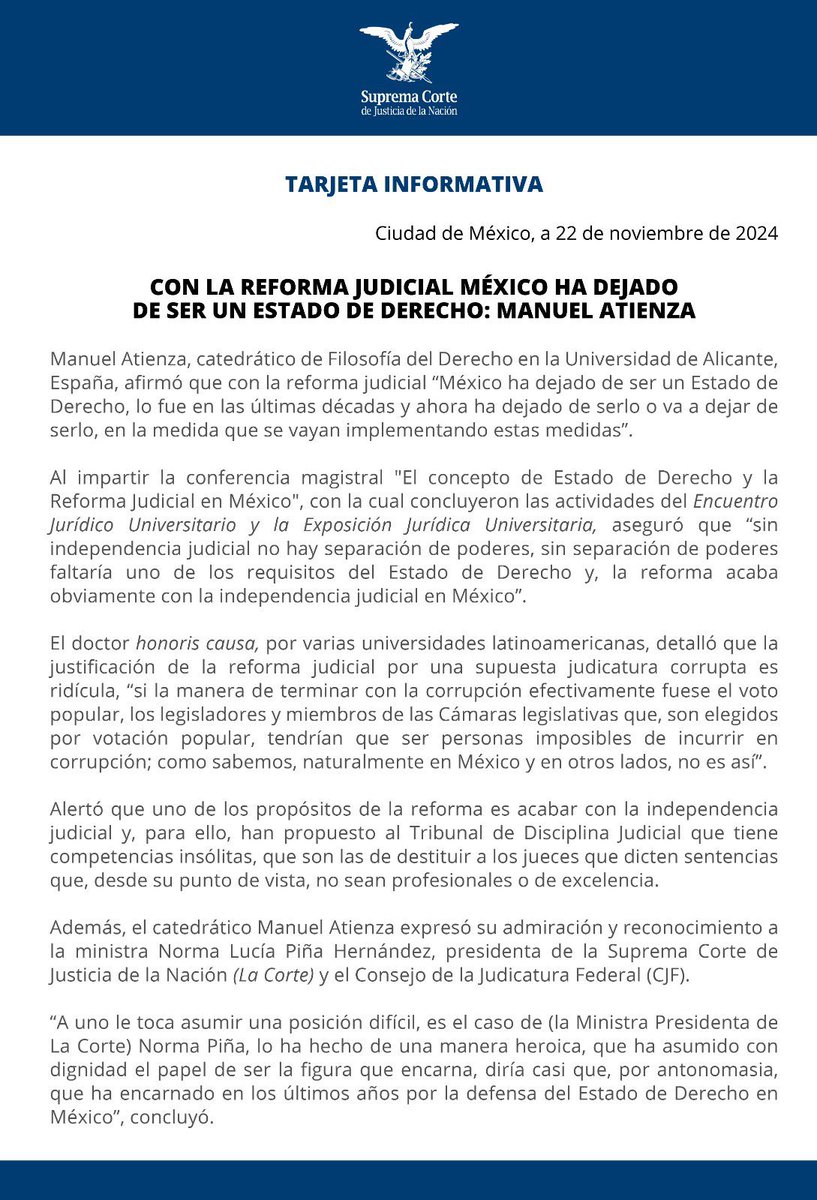 CON LA REFORMA JUDICIAL MÉXICO HA DEJADO DE SER UN ESTADO DE DERECHO: MANUEL ATIENZA
Manuel Atienza, catedrático de Filosofía del Derecho en la Universidad de Alicante, España, afirmó que con la reforma judicial "México ha dejado de ser un Estado de Derecho, lo tue en las ultimas