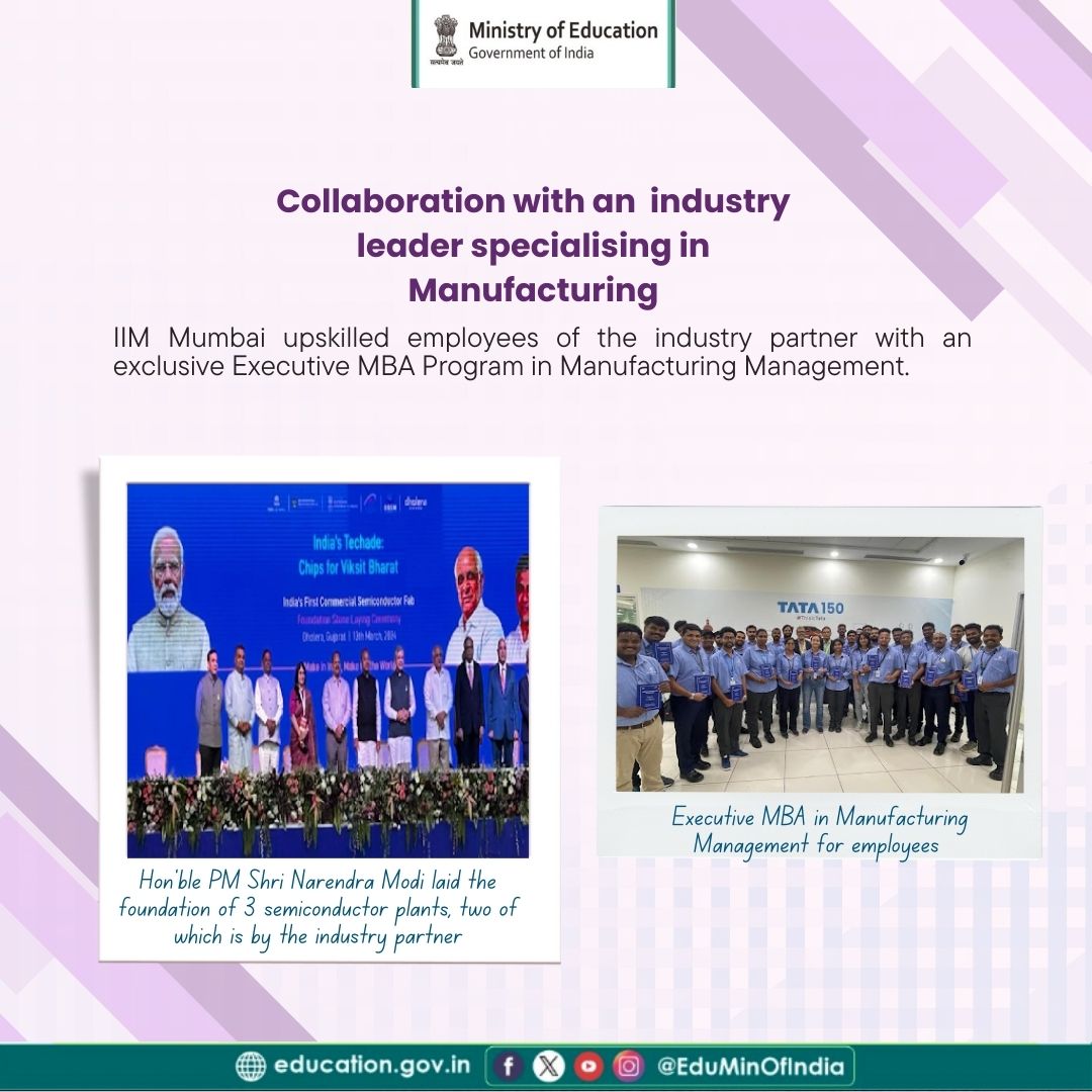 EduMinOfIndia's tweet photo. #HEIMilestones 
@IIMMumbai is redefining education and innovation to shape the leaders of tomorrow! 

1️⃣ Revolutionizing Financial Research 
In partnership with a financial services company,  the institution is establishing a state-of-the-art Big Data & Analytics Hub on campus! 

2️⃣ Upskilling for Semiconductor Excellence 
With India making a historic leap into semiconductor fab manufacturing, the institution is proud to support this national milestone by upskilling employees of an industry leader through an Executive MBA programme in Manufacturing Management.

3️⃣ Transforming Supply Chains 
Collaborating with Prof. David Simchi-Levi of @MIT, the institution launched groundbreaking courses in Data-Driven Supply Chain Transformation. These courses, under the Centre of Excellence in Logistics, are advancing PM Gati Shakti’s vision with an impressive 18,000+ participants and 5,000+ professionals enrolled.

🔗 Learn more: https://t.co/8IKqB7cfU3
#InnovateEducateInspire #HEISuccessStories #PMGatiShakti