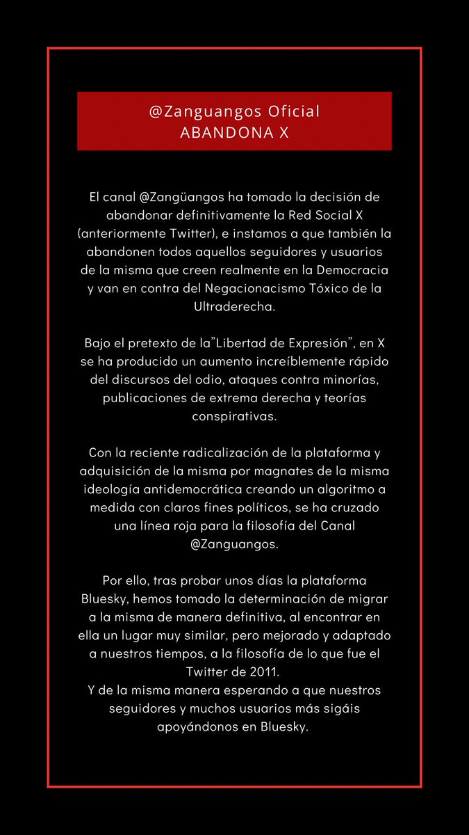 🔴 #ULTIMAHORA | <a href="/Zanguangos/">Zangüangøs ® ♻️</a> Oficial abandonamos de manera definitiva la red social “X” (twitter).

#Comunicado #Bluesky