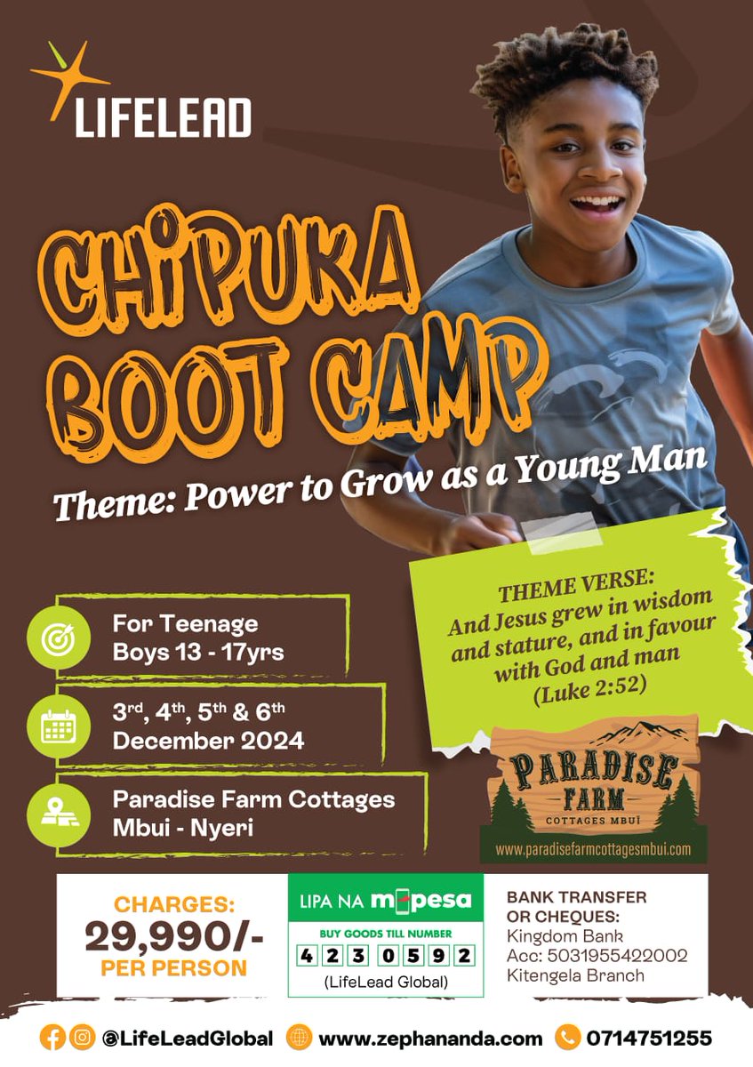 zephananda's tweet photo. The LIFE Lead Chipuka boot camp aims to ignite the potential of teenage boys, fostering holistic growth as sons, warriors, friends, royalty, and sages in their generation.
During the boot camp, they will discover their true selves and take ownership of their personal development https://t.co/DXDjsGQ06f