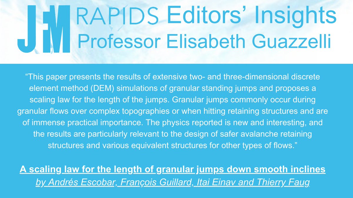 Read one of the Editor’s Picks in #JFMRapids: 
A scaling law for the length of granular jumps down smooth inclines by Andrés Escobar, François Guillard, Itai Einav and Thierry Faug
"The physics reported is new and interesting...”
#JFM 
cup.org/3NKfR40