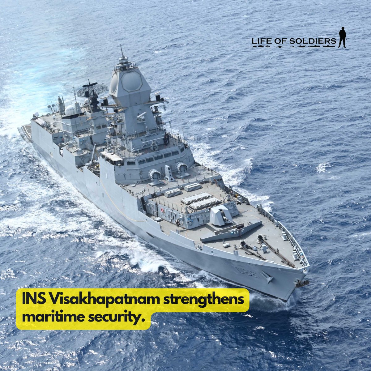 Lifeofsoldierss's tweet image. #INSVisakhapatnam, a frontline destroyer of the #WesternFleet and the first of the #P15B class, continues to strengthen India's maritime security. 

#IndianNavy
