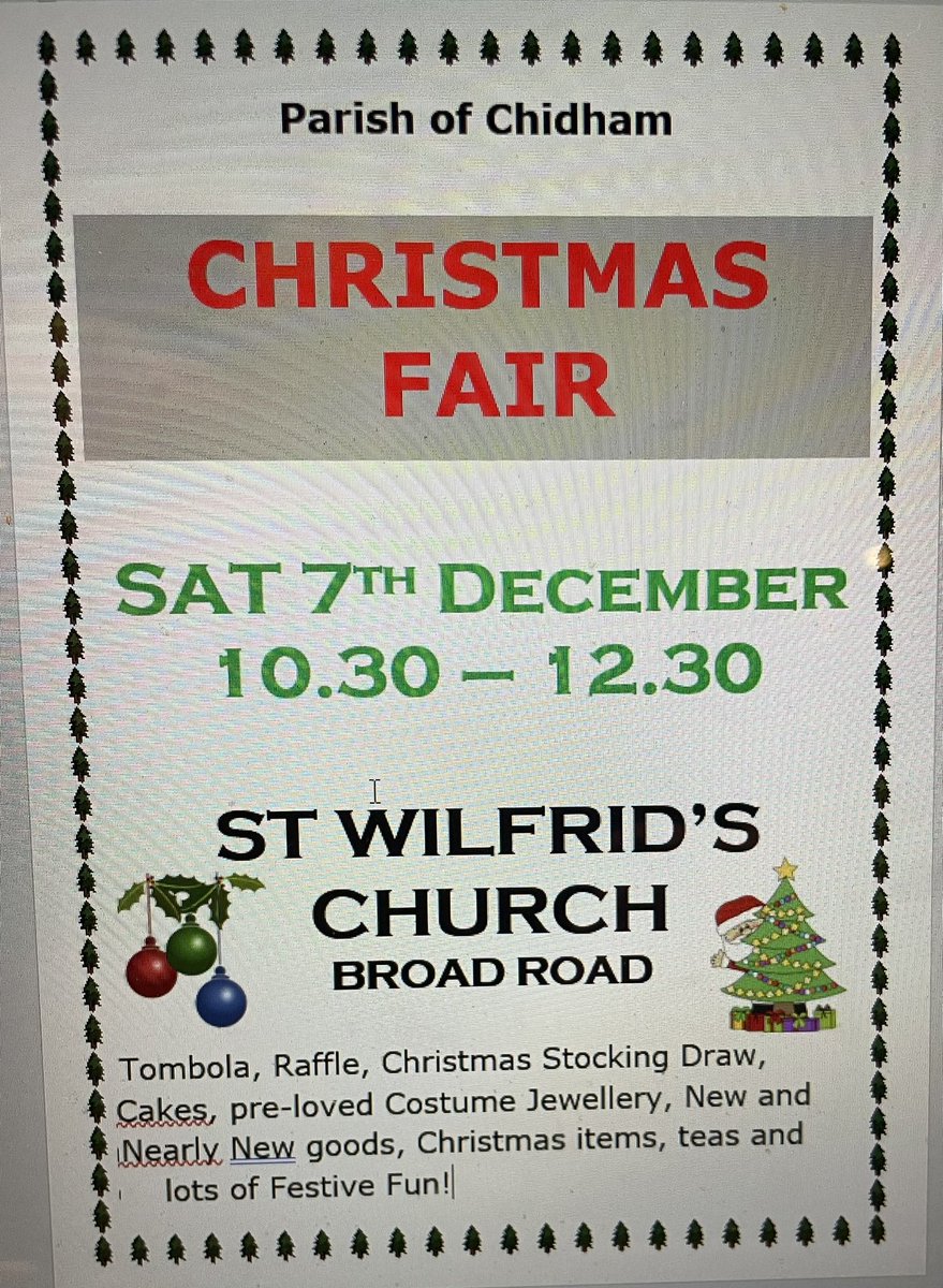 CHRISTMAS FAIR
Sat 7 Dec 1030-1230
St Wilfrid’s Hall, 
Broad Rd, Nutbourne 
Come along for some festive fun!
@LocalVillageMag @EmsworthOnline <a href="/EmsworthLife/">Emsworth Life</a> <a href="/ChidhamPrimary/">Chidham Primary</a> <a href="/chidhamandham/">Chidham&Hambrook web</a> <a href="/ChidhamHambrook/">Chidham&Hambrook PC</a>