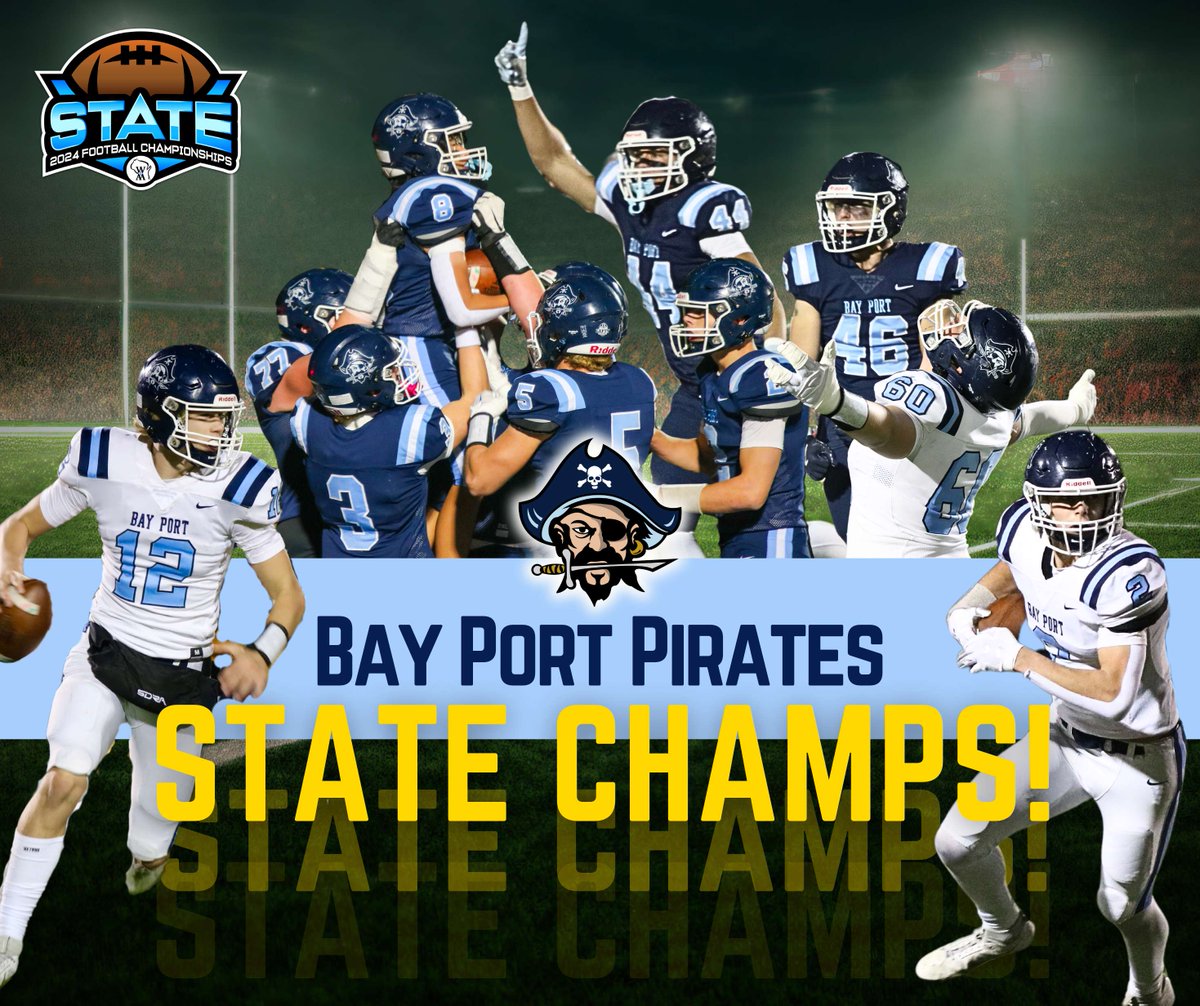 HISTORY MADE!!! 🏆🏈 For the first time in program history, Bay Port has brought home a WIAA Division 1 state football title!  We could not be more proud. Thank you to our coaches, players, parents, fans, staff, and community members for the #PiratePride! 🏴‍☠️⚓️