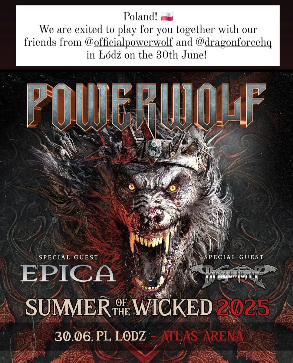🗞️ News: Epica will be supporting Powerwolf in Poland 🇵🇱 next year alongside, Dragonforce!
