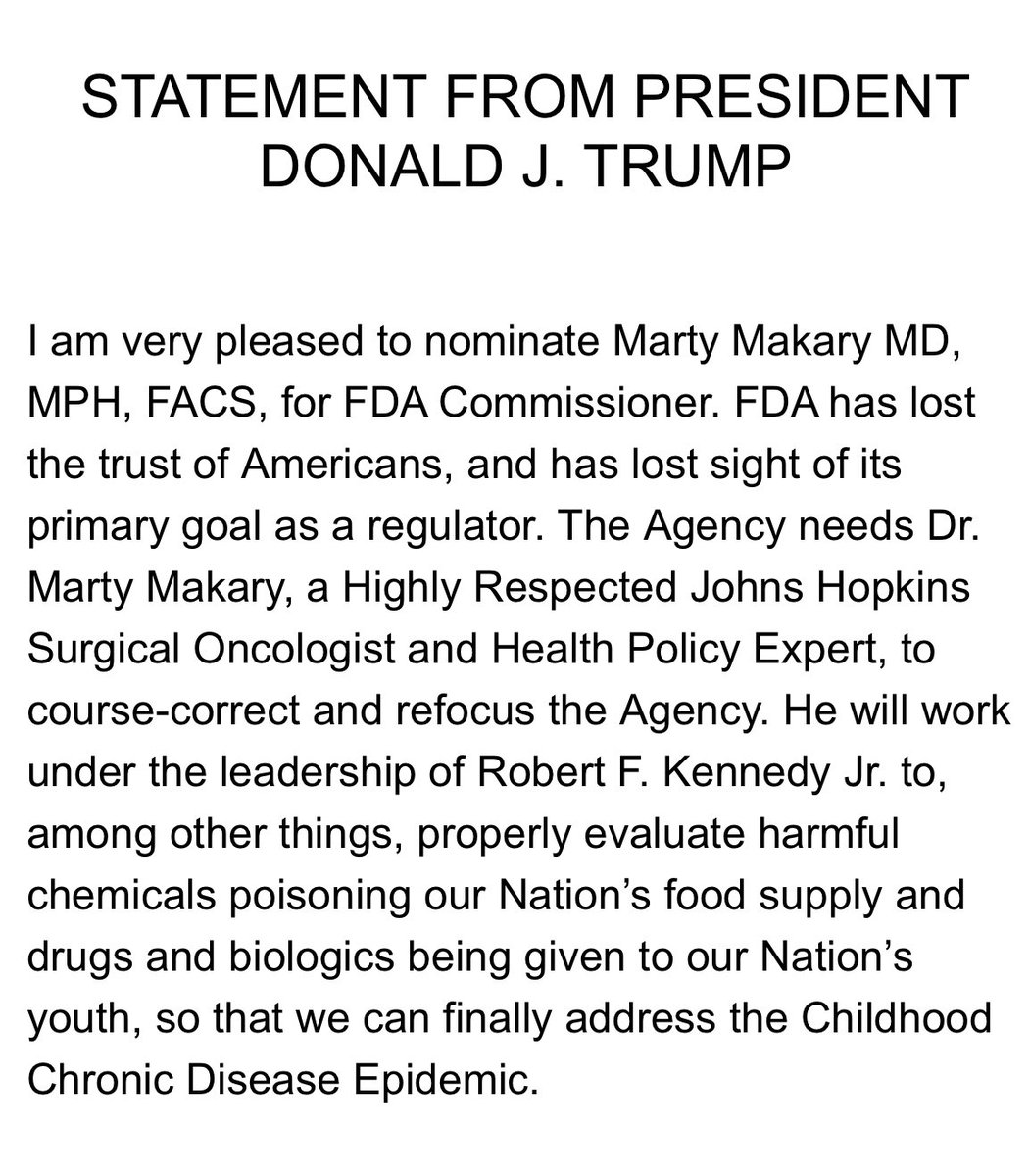 bennyjohnson's tweet photo. 🚨BREAKING: Donald Trump nominates Marty Makary for FDA Commissioner. https://t.co/BiRFIqn4oW