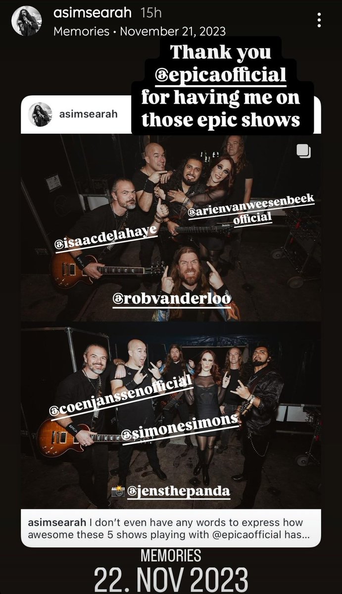 Asim Searah thanked Epica on Instagram today for having him on tour with them one year ago today! 🫶🏻