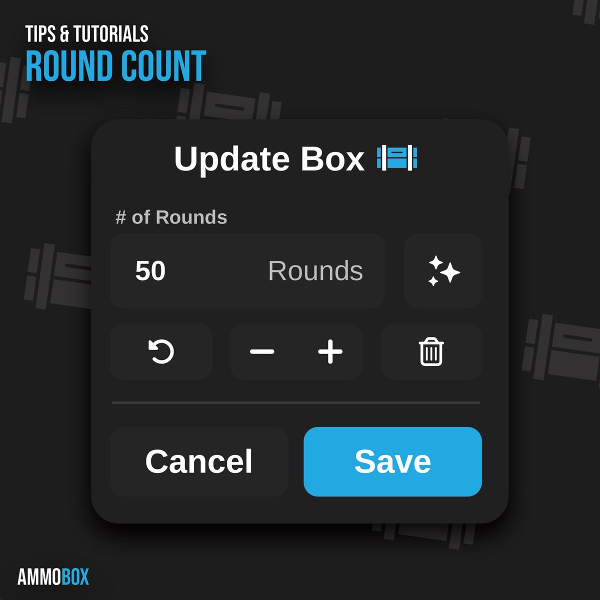 ammoboxapp's tweet photo. There are several ways to update a box's round count. Besides using the Ammo Detector, you can manually enter the count, increase or decrease it, reset it to the starting count, or set it to zero. https://t.co/YFUXCZ5ump