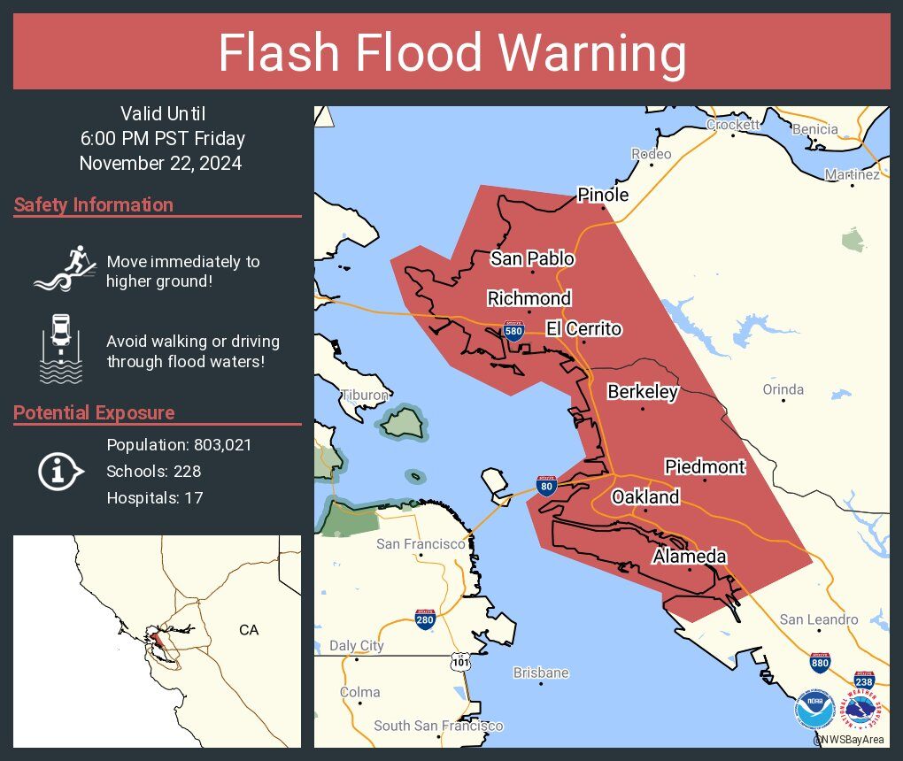 The National Weather Service has declared a flash flooding warning for parts of Alameda County including Oakland. Please sign up for AC Alert (hubs.la/Q02ZfP_q0) to get urgent safety warnings. Report infrastructure emergencies like flooding by *calling* 311 or 510-615-5566.