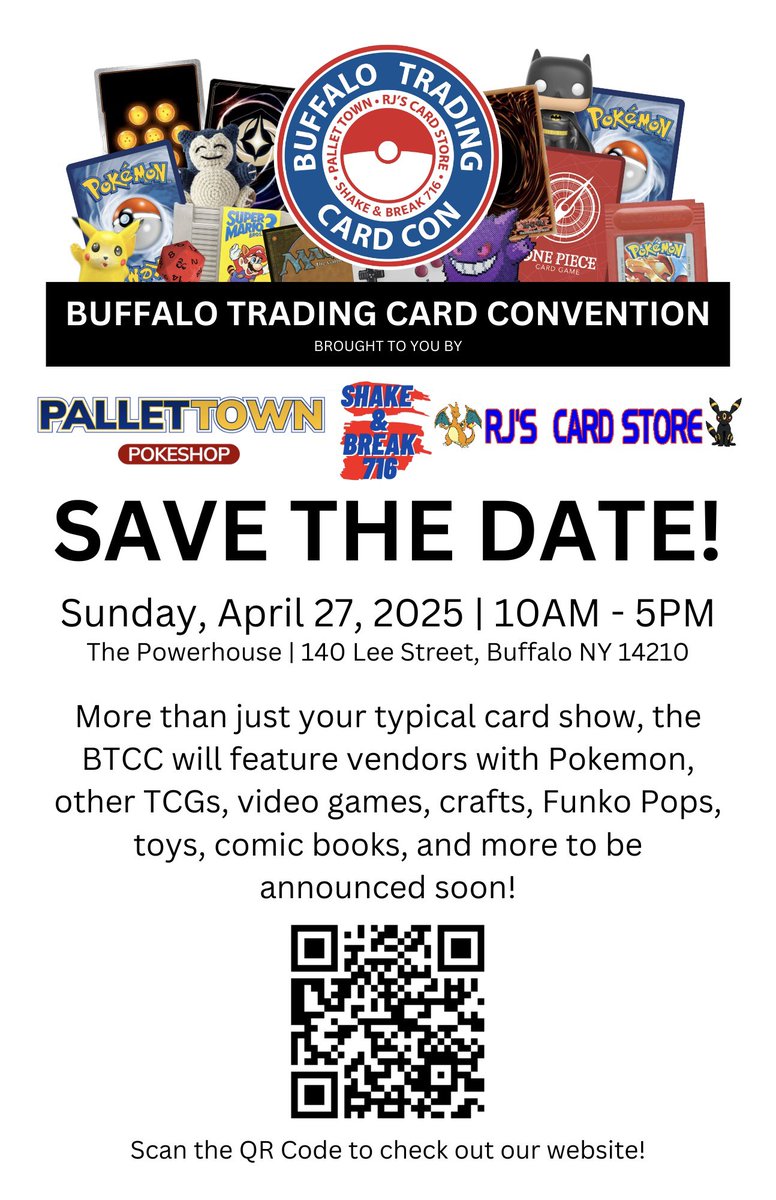 BuffaloTCGCon's tweet photo. We are excited to announce the FIRST EVER Buffalo Trading Card Con! We can’t wait to share the awesome things we have planned with you all very soon!

Are you interested in being a vendor? Scan the QR code or go to our website (link in bio) and fill out the Vendor Application! https://t.co/zdh3Hq2s3c