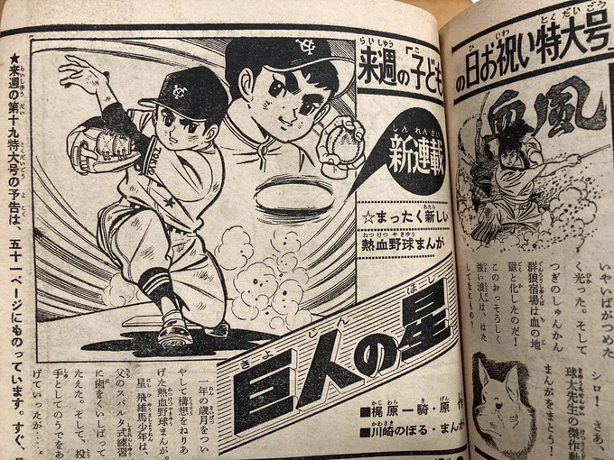 来週号「子供の日お祝い特大号」予告に「まったく新しい熱血野球まんが」というふれこみで『巨人の星』新連載告知。もう快進撃の快進撃。 
