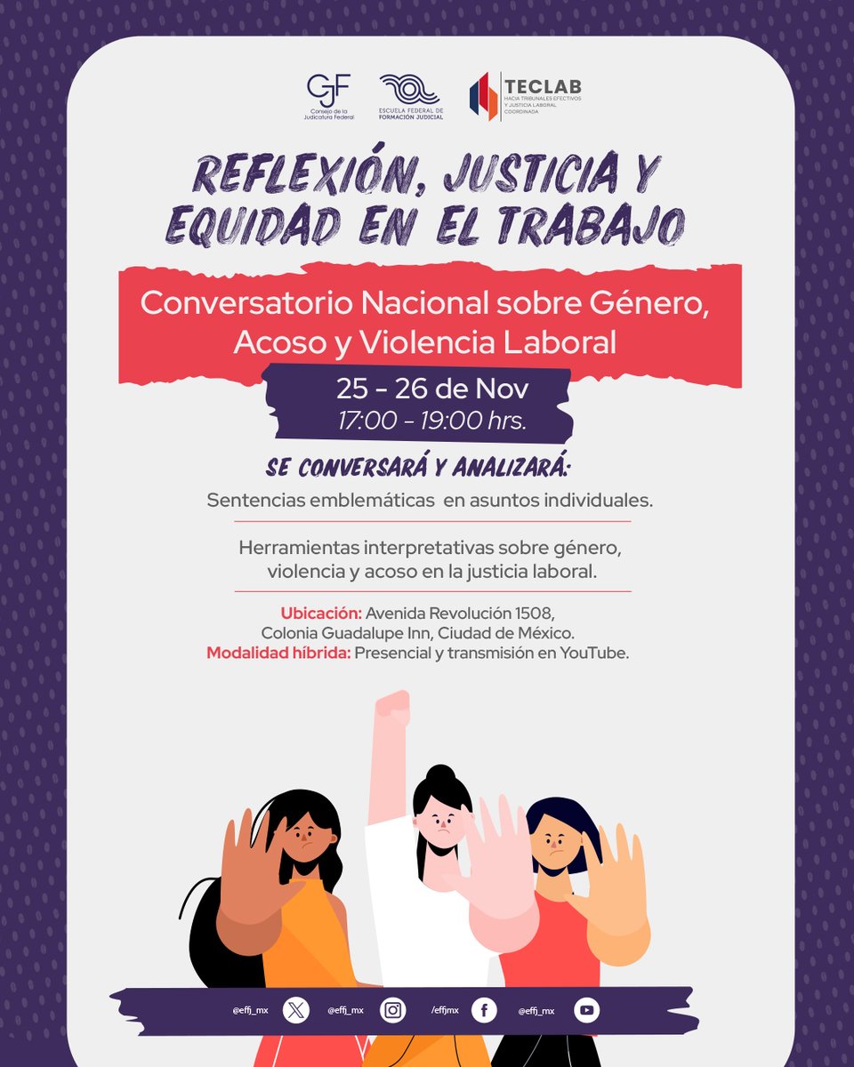 🔺 Inscripciones hasta mañana, ¡no faltes!

Invitamos al público en general al conversatorio nacional:

🟪 Género, Acoso y Violencia Laboral

👉 Modalidad presencial y virtual

Convocatoria: cutt.ly/feKpCRej

Inscripciones: escuelajudicial.cjf.gob.mx/v2/pages/Capac…