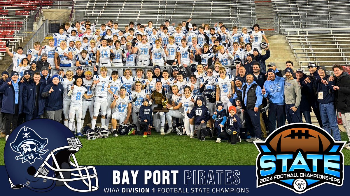 Congratulations to Bay Port, the 2024 WIAA Division 1 Football State Champions! 🏆

In a rematch of the 2019 State Championship, the Pirates sought revenge over Muskego, defeating them 25-18 in tonight's final to earn their program's first-ever gold ball! 🏈#wiaafb