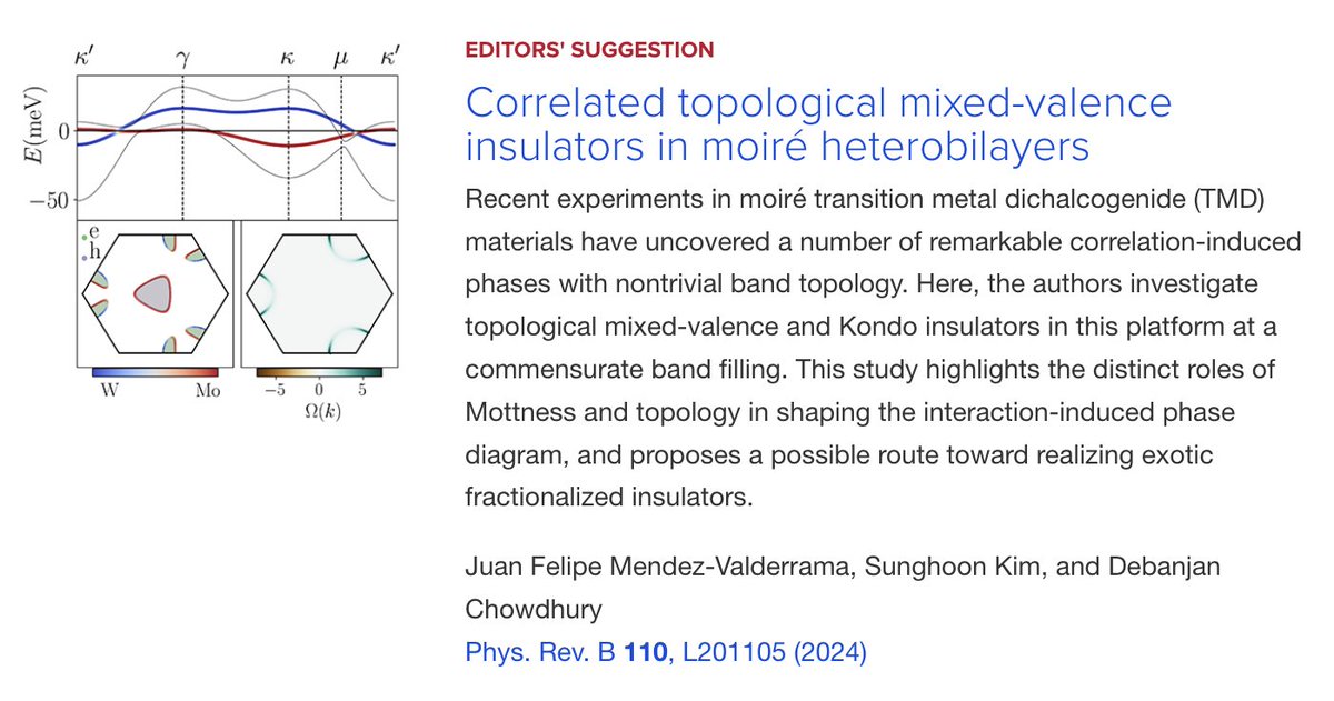 Physical Review B (@physrevb) on Twitter photo PRB Editors' Suggestion: Correlated #topological mixed-valence insulators in #moiré #heterobilayers
J. Felipe Mendez-Valderrama et al.,
PRB 110, L201105
➡️ go.aps.org/40IsiVO
#PRBLetter #EdSugg <a href="/APSPhysics/">American Physical Society</a> #condmat #physics <a href="/debch_veritas/">Debanjan Chowdhury</a> <a href="/CornellCAS/">CornellArts&Sciences</a> <a href="/CornellPhysics/">Cornell Physics</a> PRB Editors' Suggestion: Correlated #topological mixed-valence insulators in #moiré #heterobilayers
J. Felipe Mendez-Valderrama et al.,
PRB 110, L201105
➡️ go.aps.org/40IsiVO
#PRBLetter #EdSugg <a href="/APSPhysics/">American Physical Society</a> #condmat #physics <a href="/debch_veritas/">Debanjan Chowdhury</a> <a href="/CornellCAS/">CornellArts&Sciences</a> <a href="/CornellPhysics/">Cornell Physics</a>